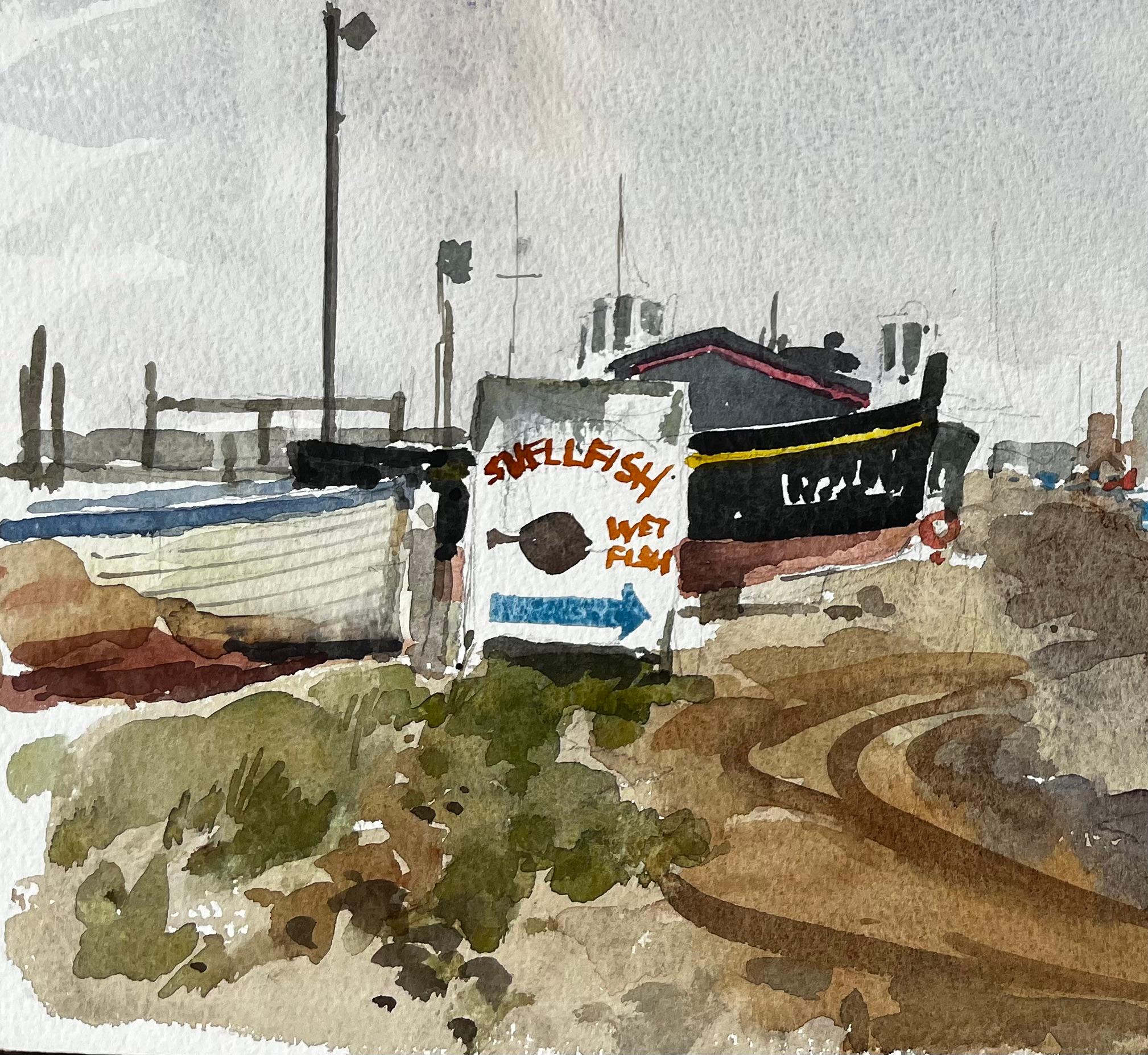 Original-Aquarell Southwold Harbour Boote und Fischerhütten Szene (Grau), Landscape Art, von Anthony Herbert