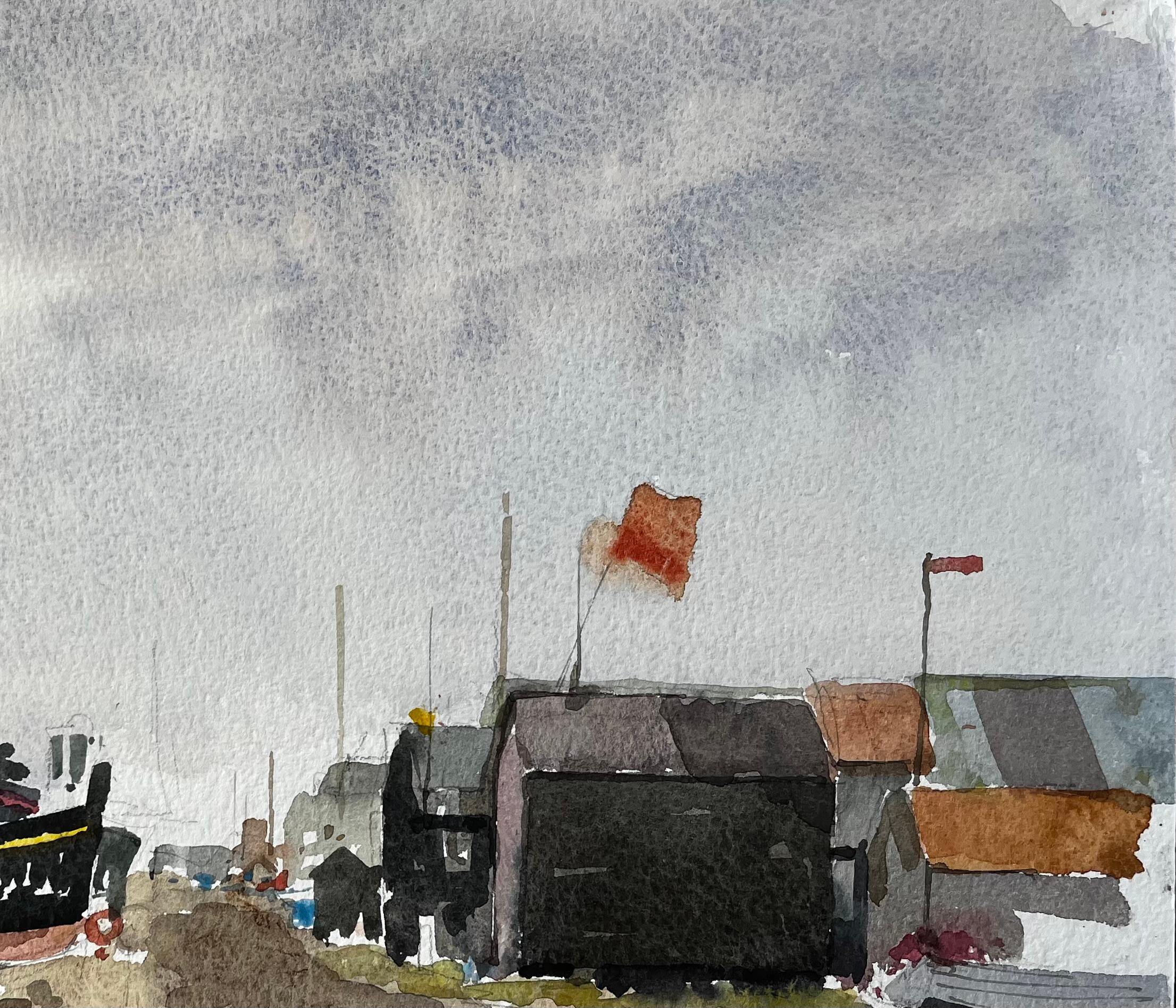 Titel: Original-Aquarell Southwold Harbour Boote und Fischerhütten Szene
Von Tony Herbert (1927-2024)
Medium: Aquarell auf Künstlerpapier
Größe: 11 x 15 Zoll
Zustand: Insgesamt gut; leichte Abnutzung an den Ecken und leichte Verformung am