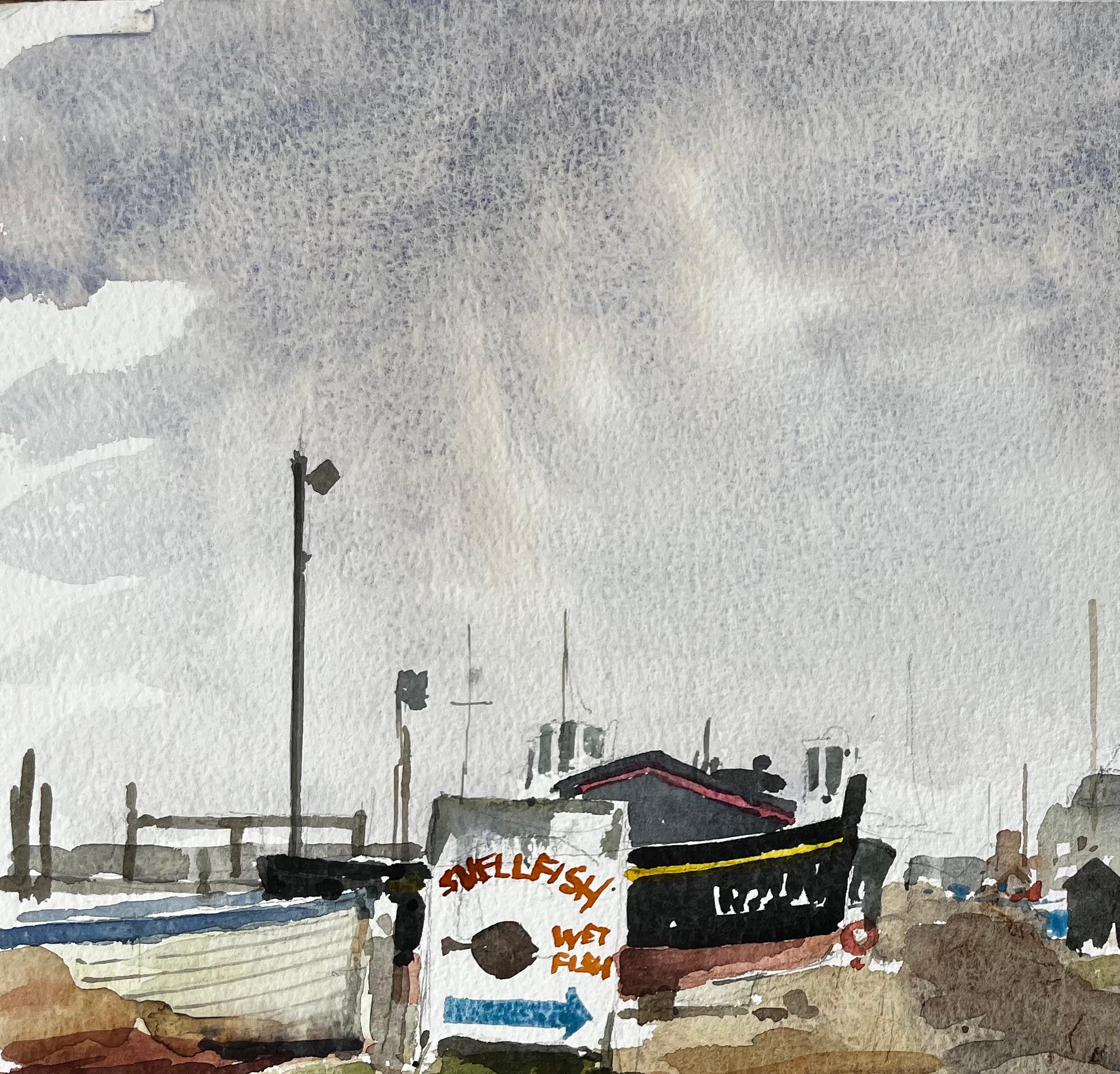Original-Aquarell Southwold Harbour Boote und Fischerhütten Szene im Angebot 1