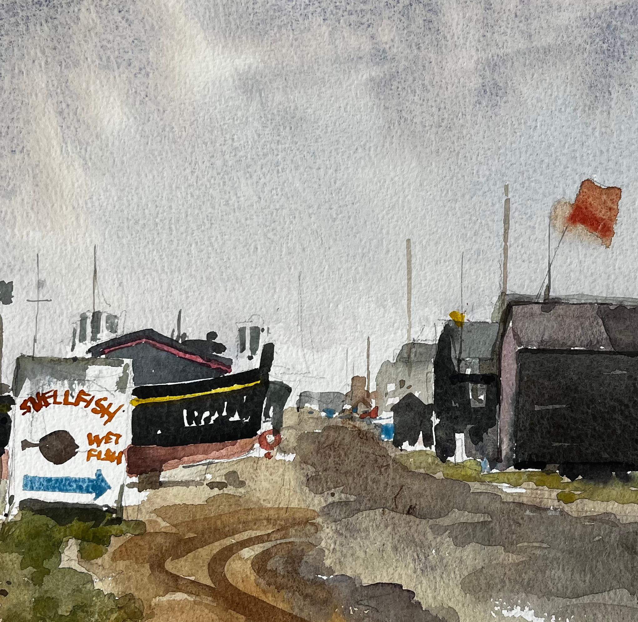 Original-Aquarell Southwold Harbour Boote und Fischerhütten Szene im Angebot 2