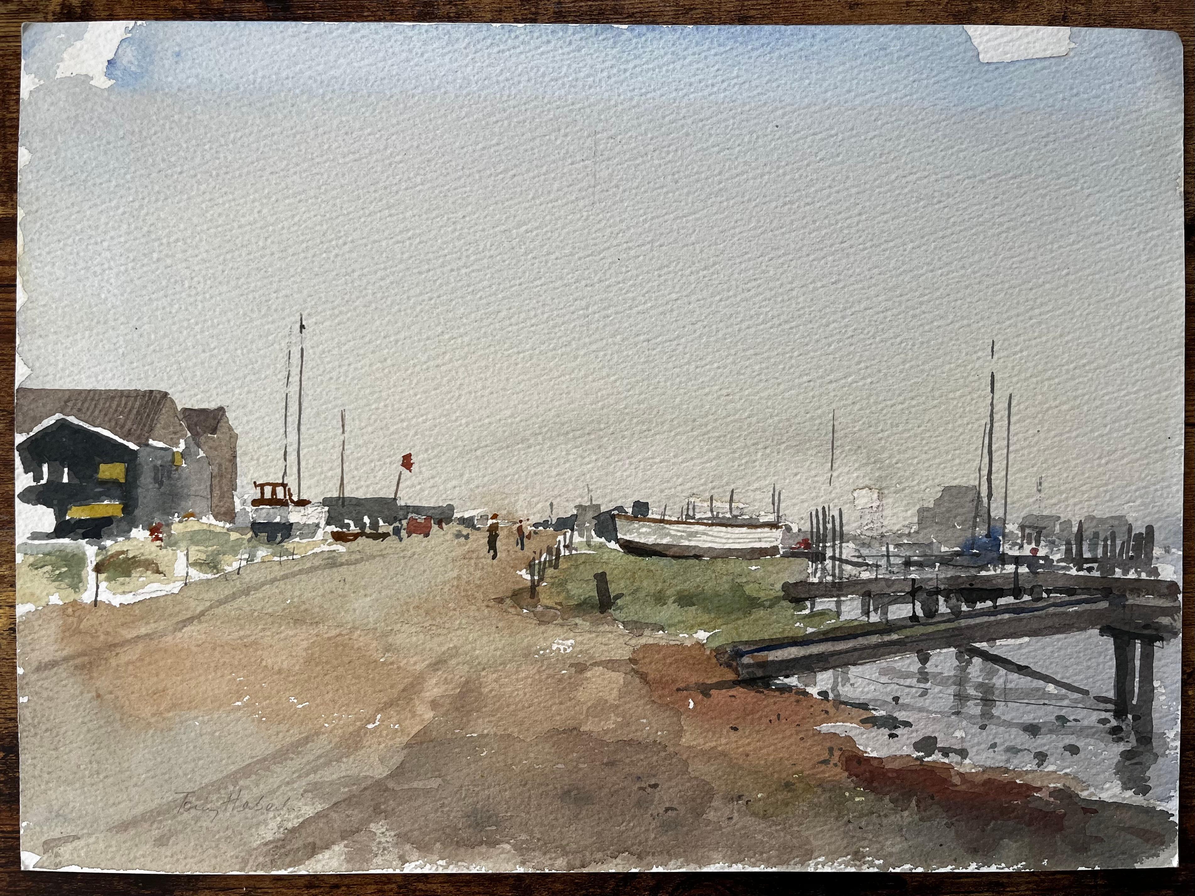 Original-Aquarell Southwold Harbour Küstenszene mit Booten und Steg – Art von Anthony Herbert
