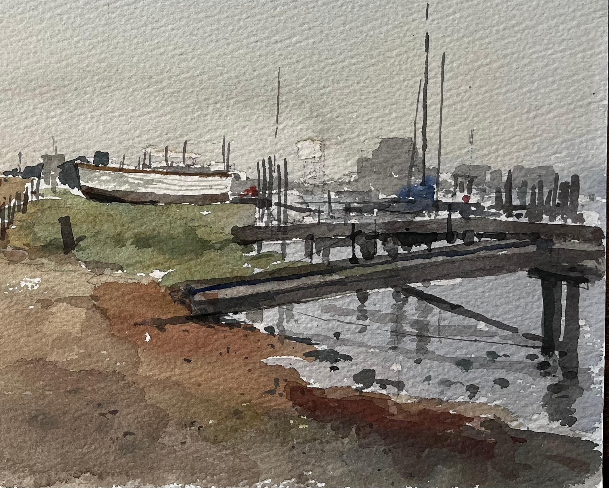 Original-Aquarell Southwold Harbour Küstenszene mit Booten und Steg (Impressionismus), Art, von Anthony Herbert