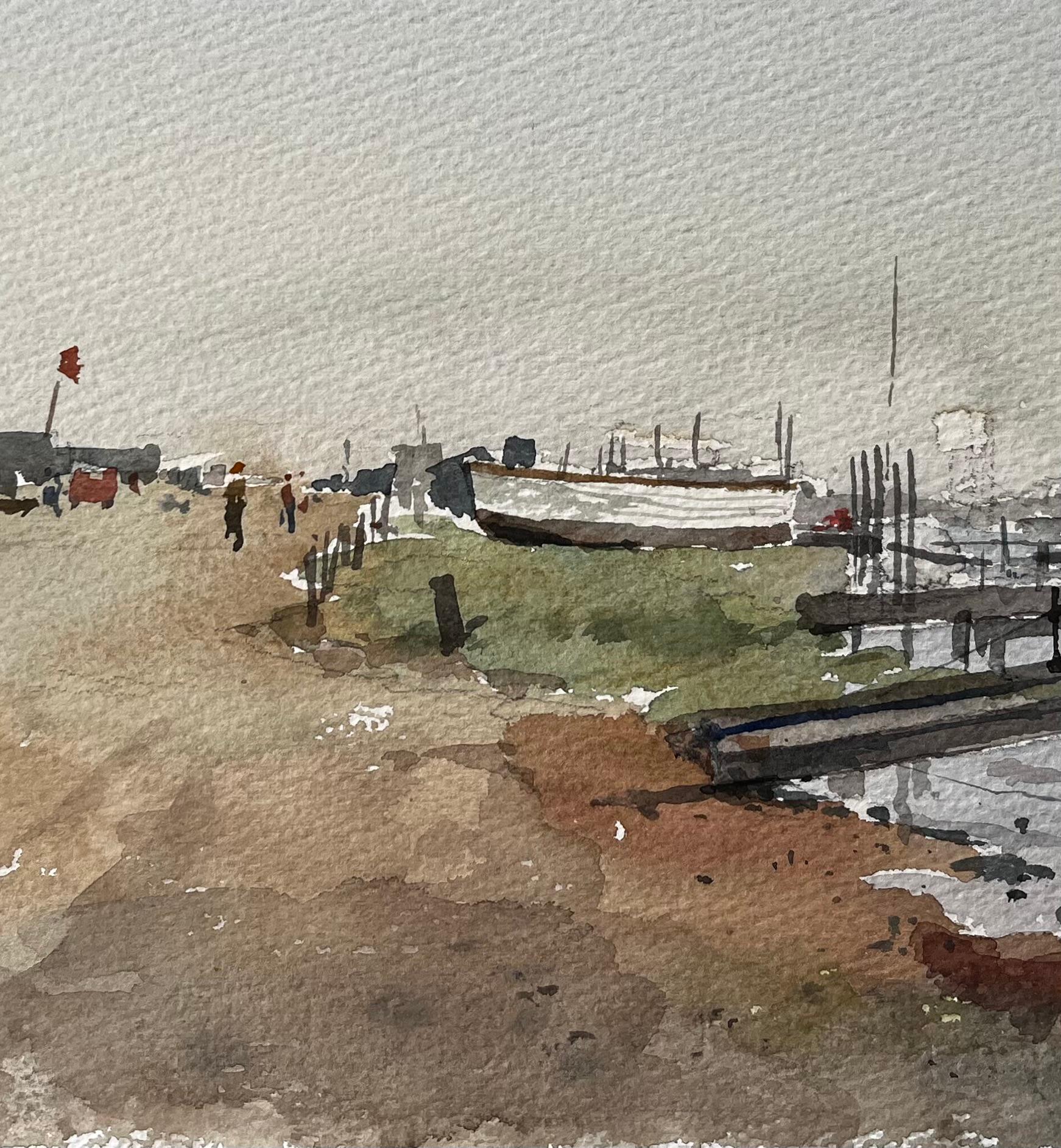 Original-Aquarell Southwold Harbour Küstenszene mit Booten und Steg (Grau), Landscape Art, von Anthony Herbert