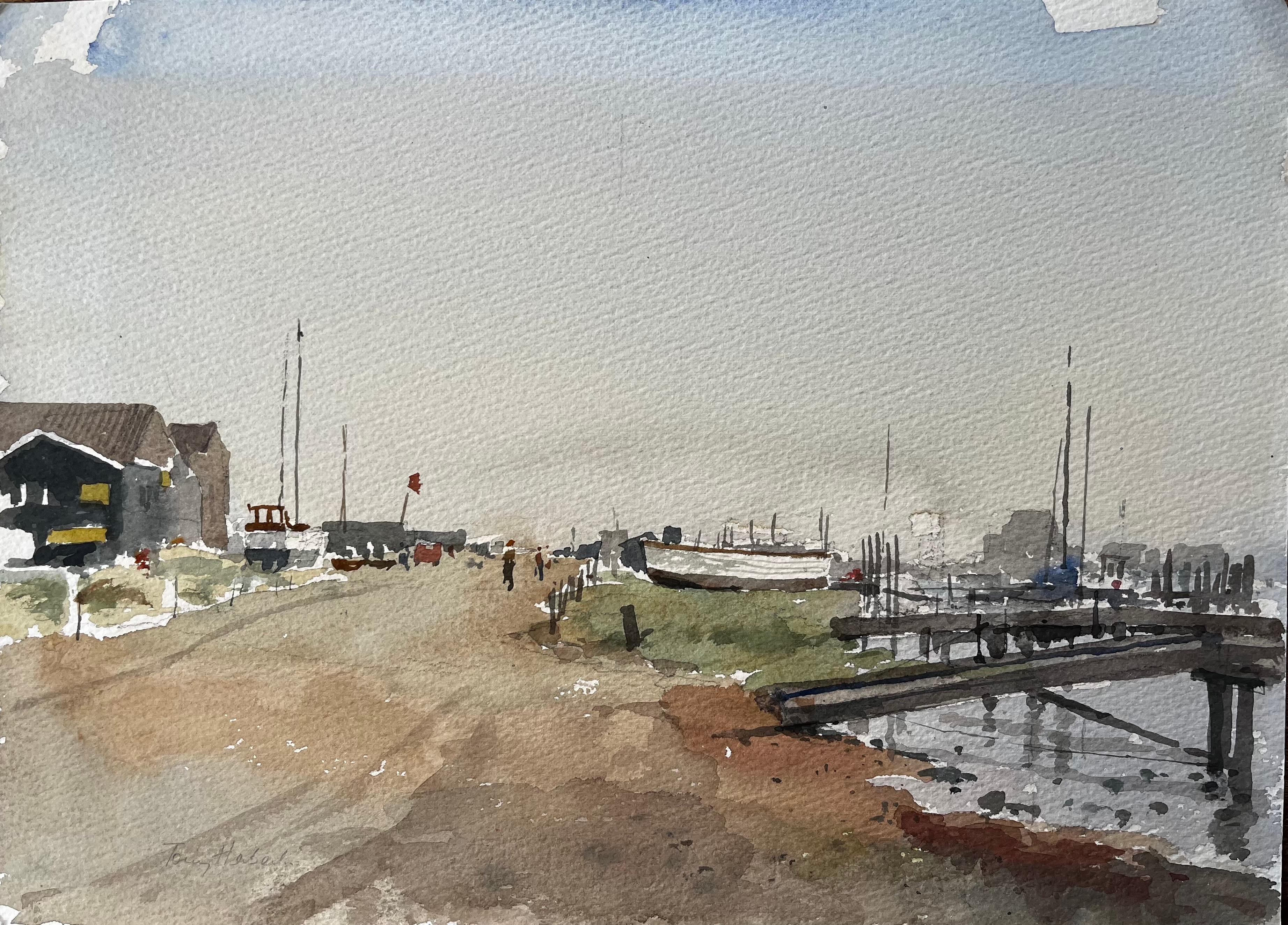 Original Watercolour Southwold Harbour Coastal Scene with Boats and Jetty