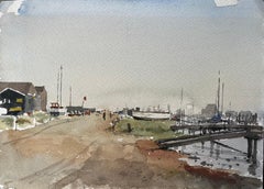 Acquerello originale Southwold Harbour Coastal Scene with Boats and Jetty (Scena costiera del porto di Southwold con barche e pontile)