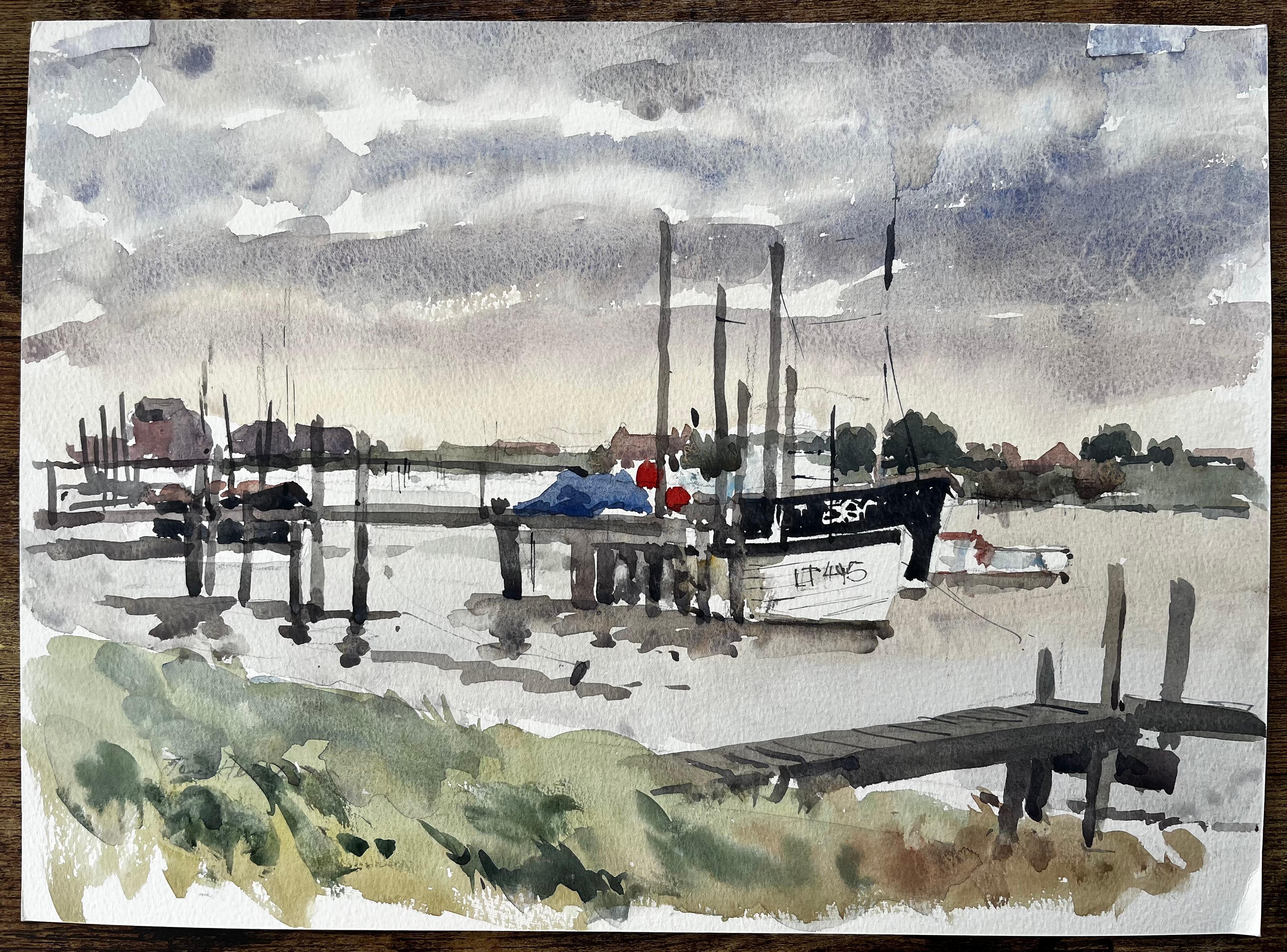 Original-Aquarell Southwold Hafenszene mit Fischerbooten und Steg 1994 – Painting von Anthony Herbert