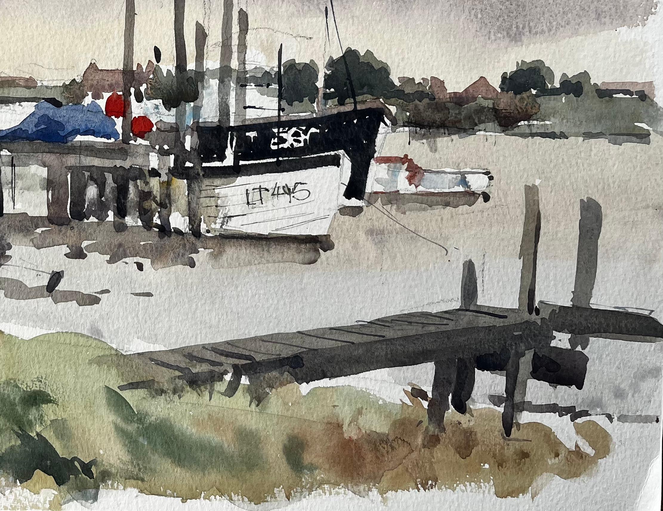 Original-Aquarell Southwold Hafenszene mit Fischerbooten und Steg 1994 (Impressionismus), Painting, von Anthony Herbert