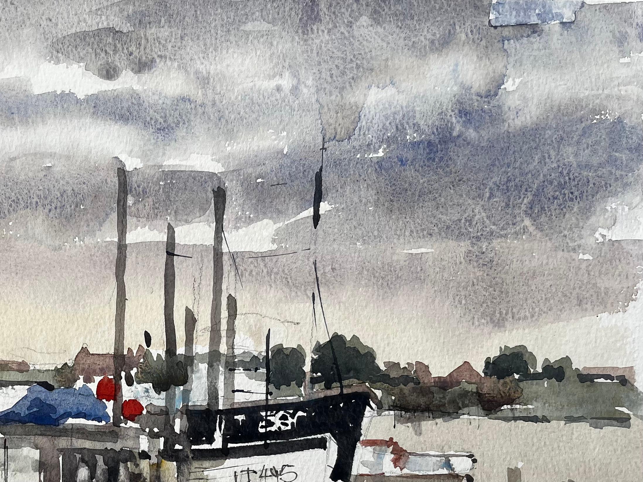Original-Aquarell Southwold Hafenszene mit Fischerbooten und Steg 1994 (Grau), Landscape Painting, von Anthony Herbert