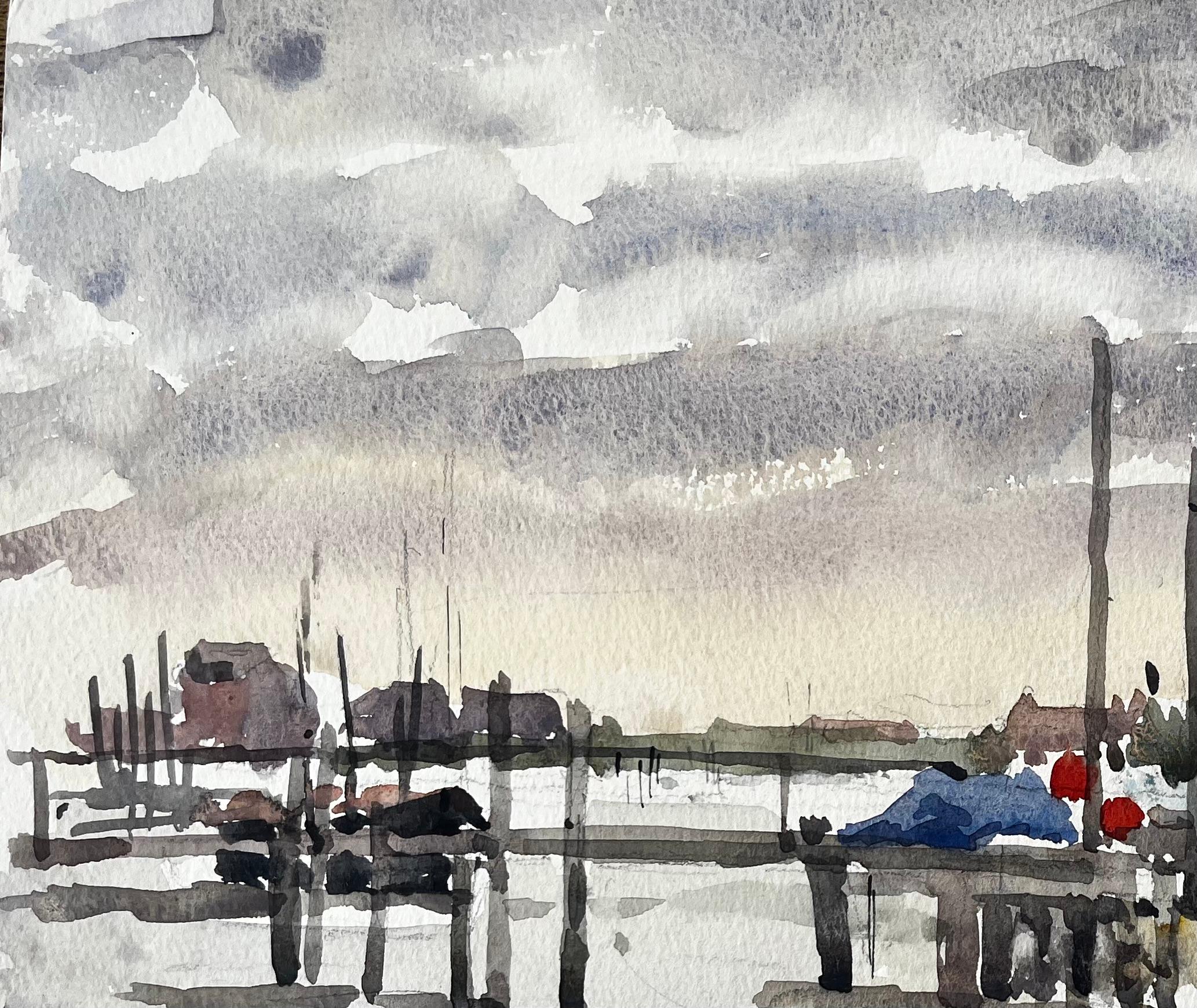 Original-Aquarell Southwold Hafenszene mit Fischerbooten und Steg 1994 im Angebot 1