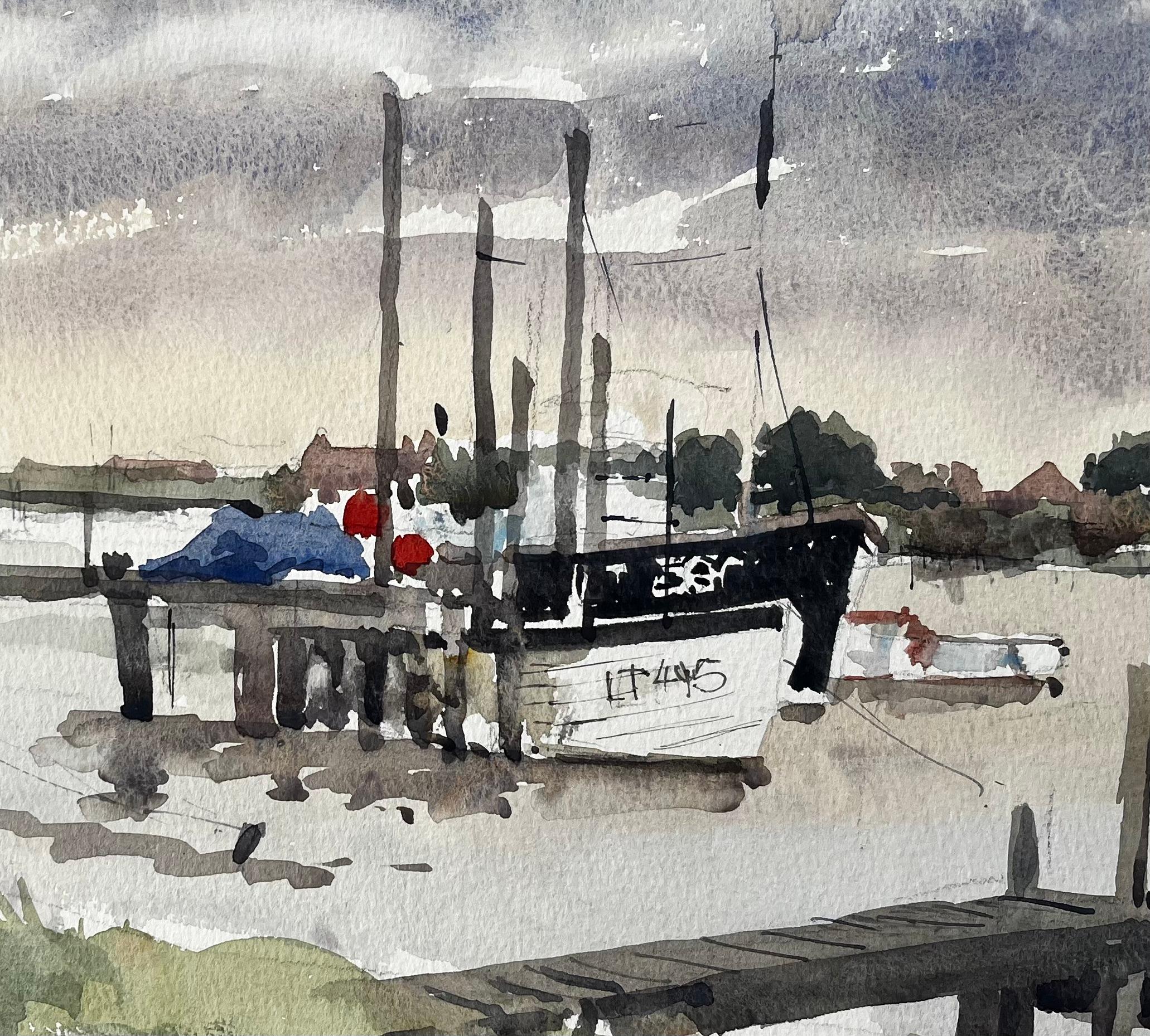 Original-Aquarell Southwold Hafenszene mit Fischerbooten und Steg 1994 im Angebot 2