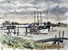 Acquerello originale Southwold Harbour Scene con barche da pesca e pontile 1994