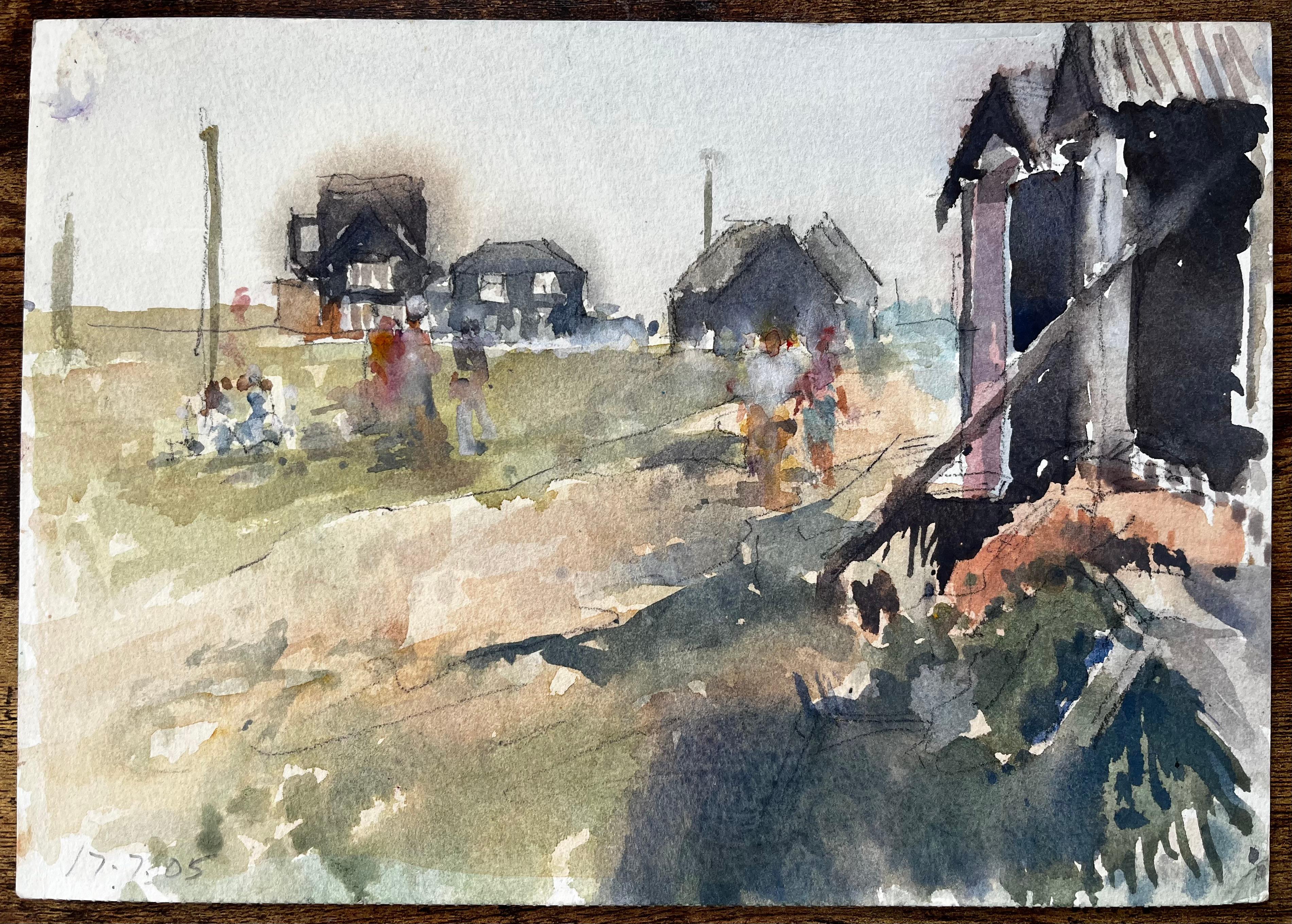 Original-Aquarell Dorfszene mit Figuren und Cabines Sommer 2005 – Painting von Anthony Herbert