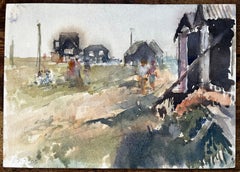 Original Watercolour Village Scene with Figures and Cabins Summer 2005