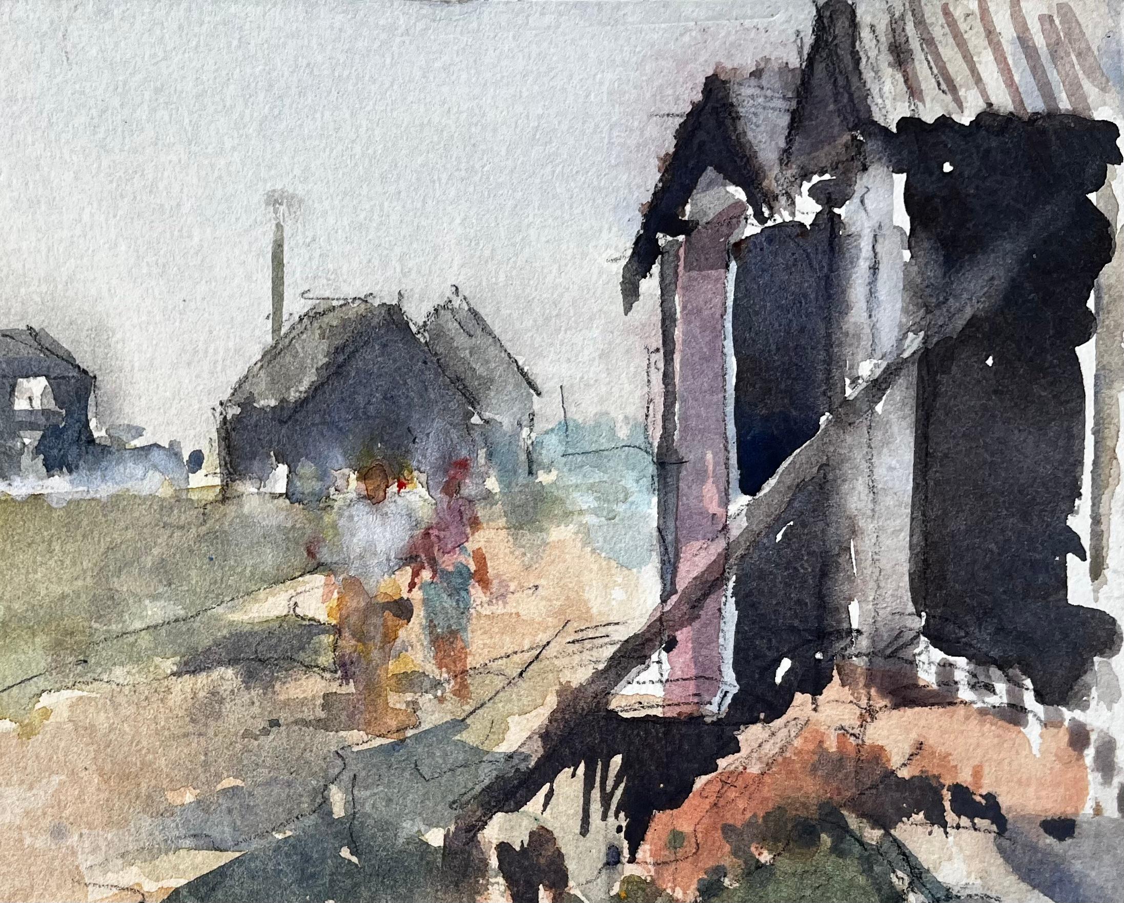 Original-Aquarell Dorfszene mit Figuren und Cabines Sommer 2005 (Impressionismus), Painting, von Anthony Herbert