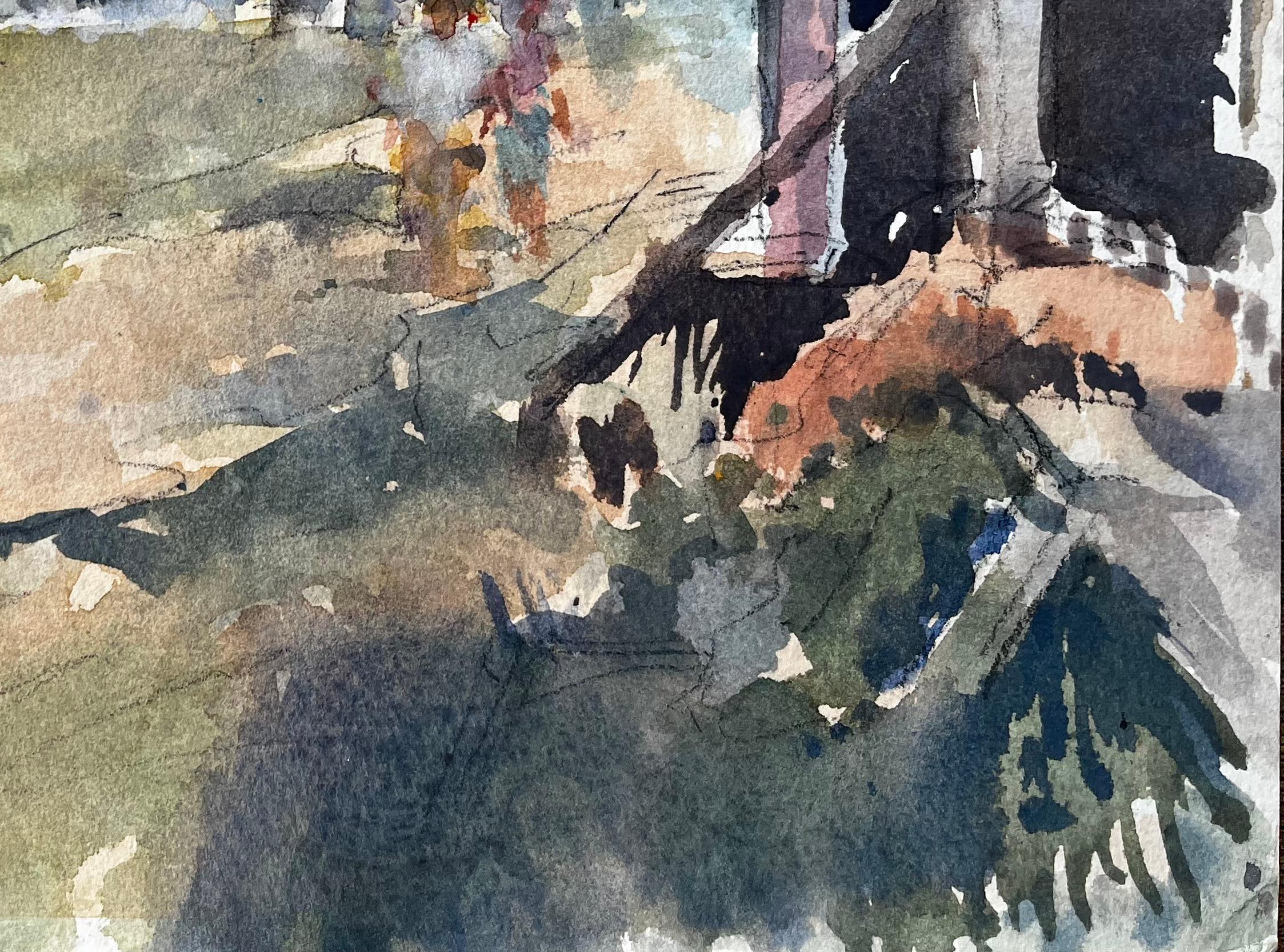 Original-Aquarell Dorfszene mit Figuren und Cabines Sommer 2005 (Grau), Landscape Painting, von Anthony Herbert