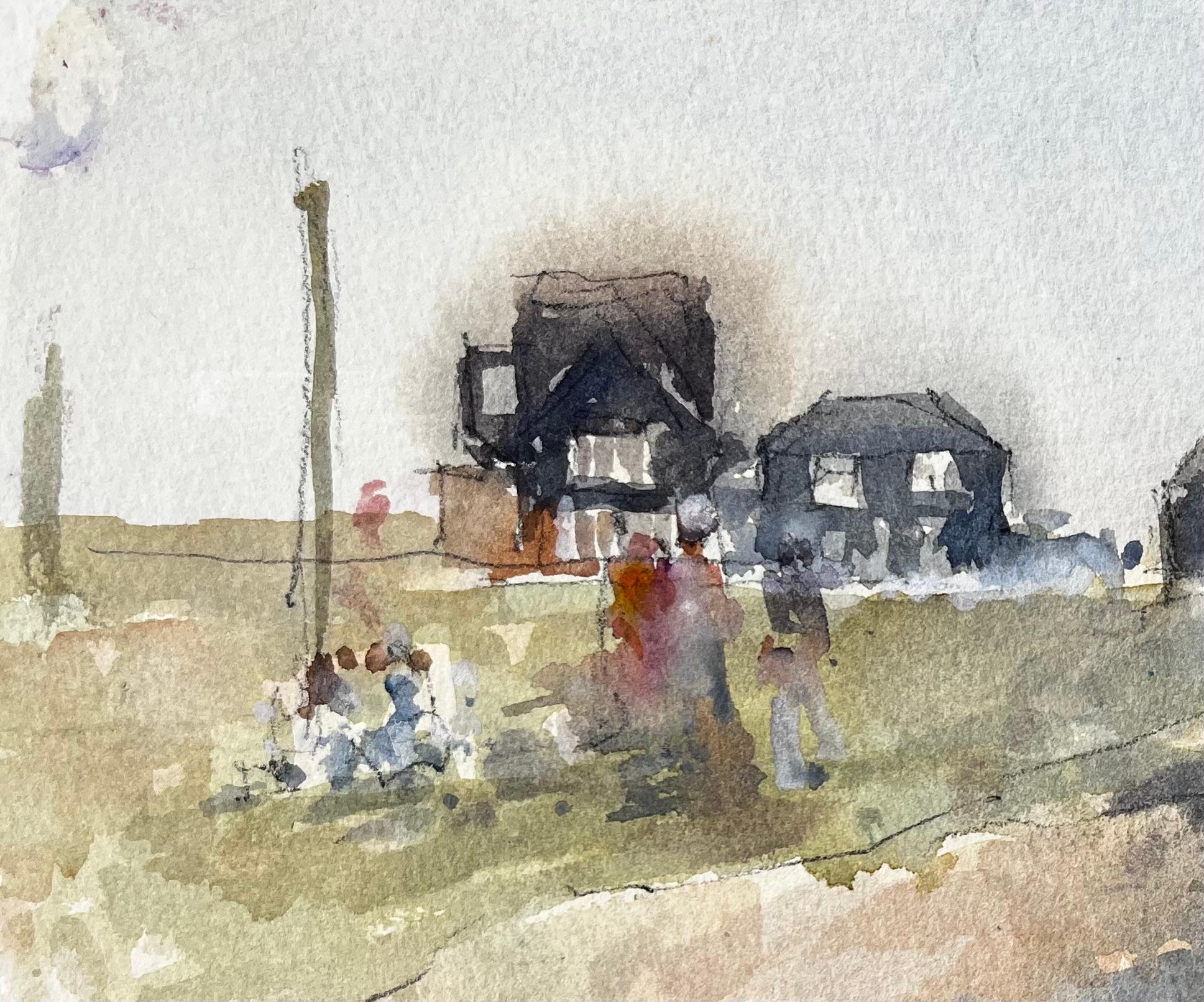Titel: Original-Aquarell Dorfszene mit Figuren und Hütten Sommer 2005
Von Tony Herbert (1927-2024)
Medium: Aquarell auf Künstlerpapier
Größe: 8,25 x 11,5 Zoll
Zustand: Insgesamt gut; leichte Abnutzung an den Ecken und leichte Verformung am