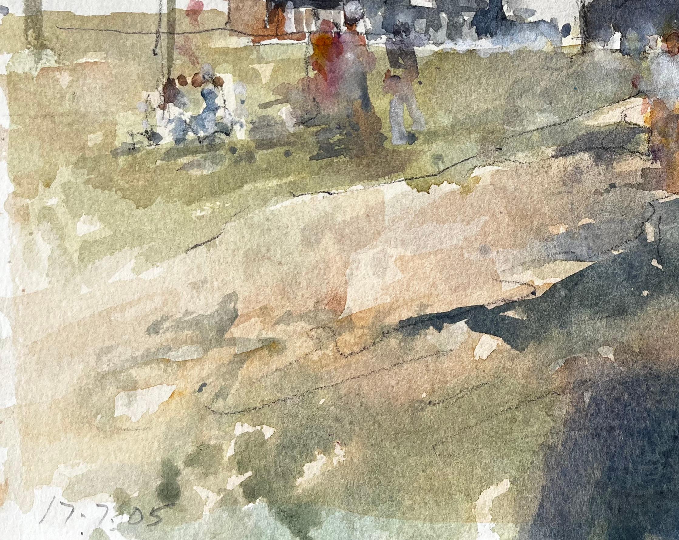Original-Aquarell Dorfszene mit Figuren und Cabines Sommer 2005 im Angebot 1