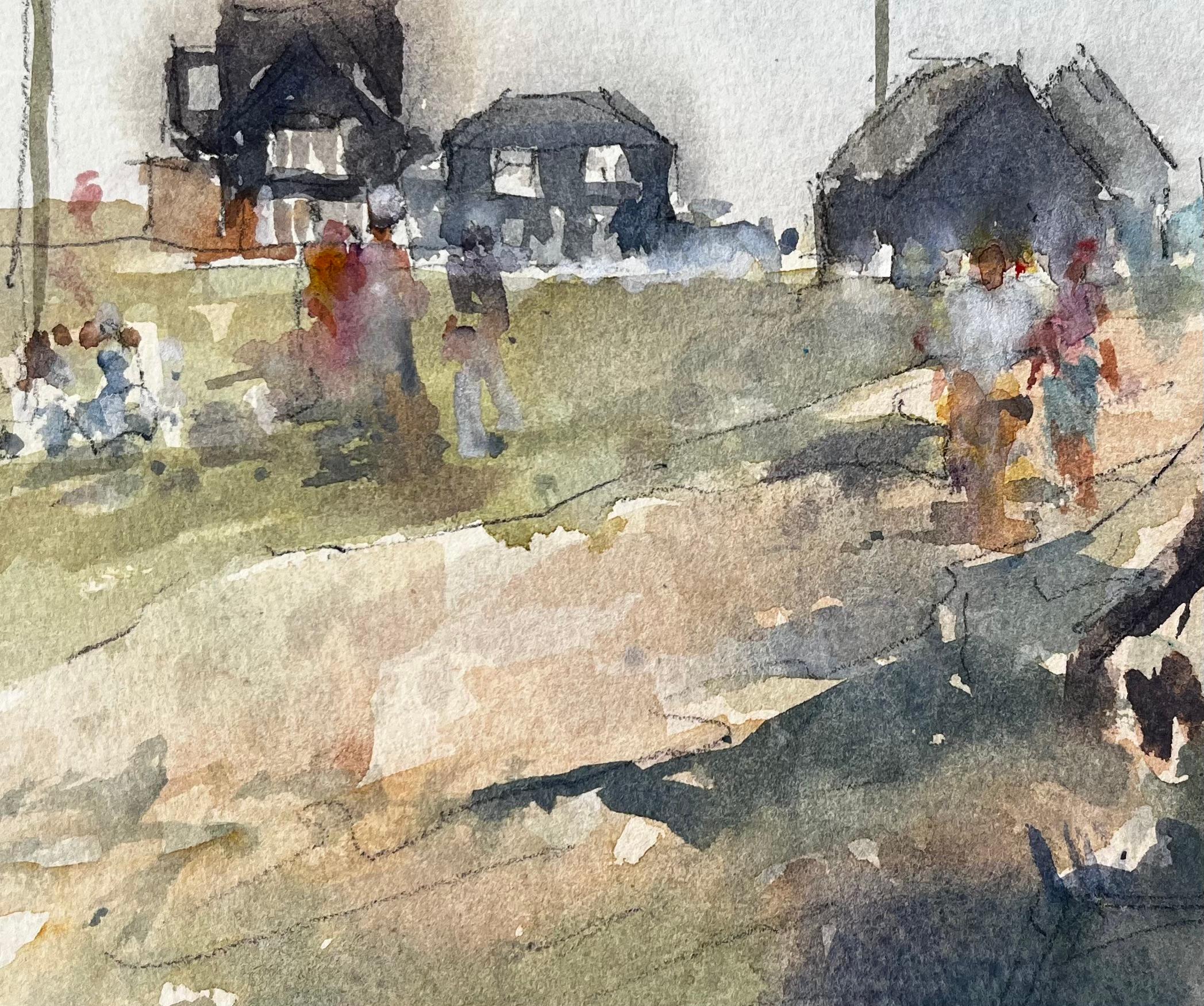Original-Aquarell Dorfszene mit Figuren und Cabines Sommer 2005 im Angebot 2