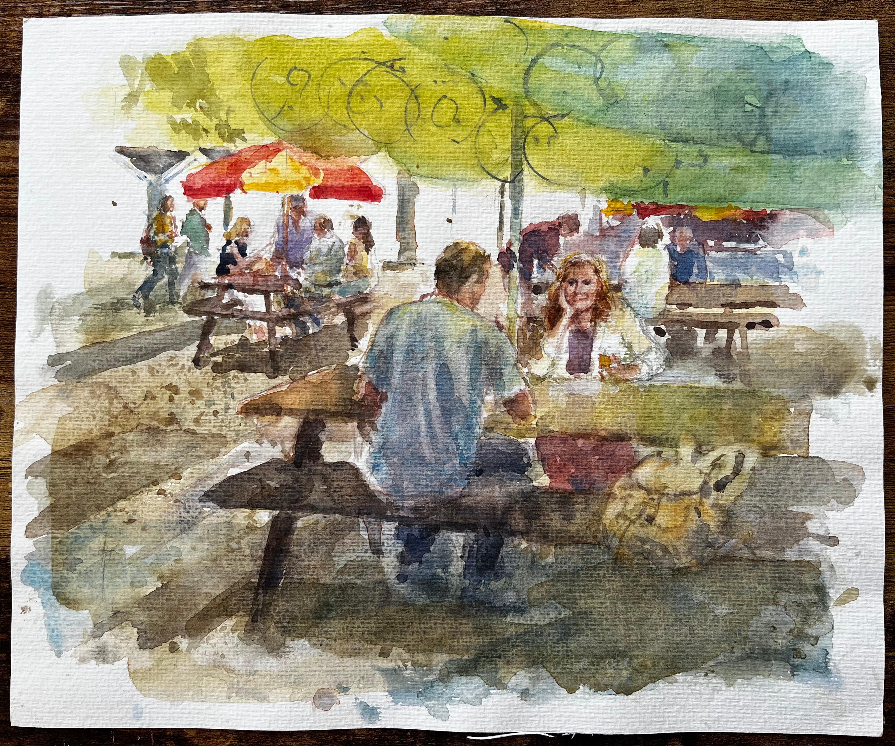 Cafe-Szene im Freien mit Marktschirmen und hölzernen Picknick-Bänken – Art von Anthony Herbert