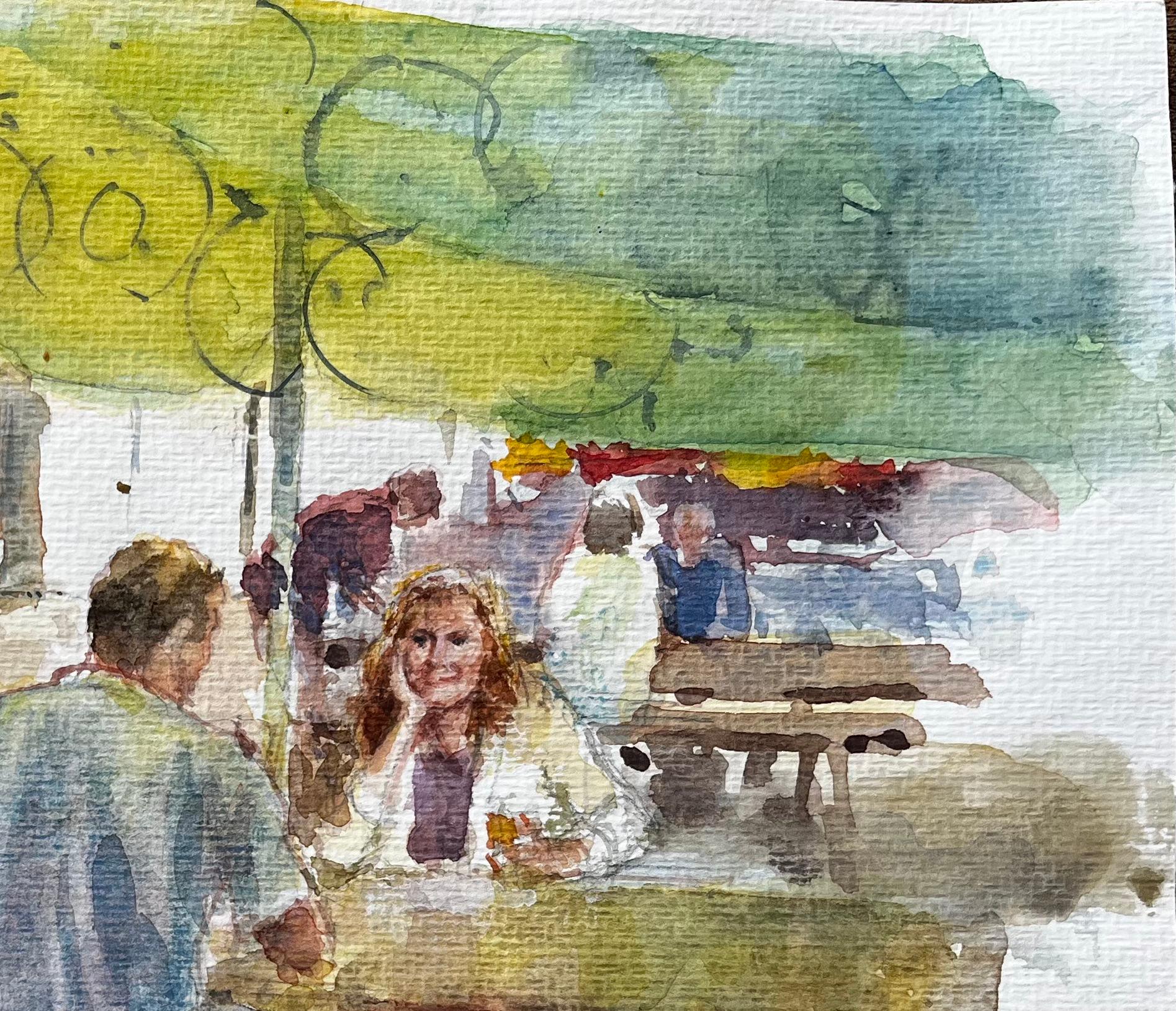 Cafe-Szene im Freien mit Marktschirmen und hölzernen Picknick-Bänken (Impressionismus), Art, von Anthony Herbert