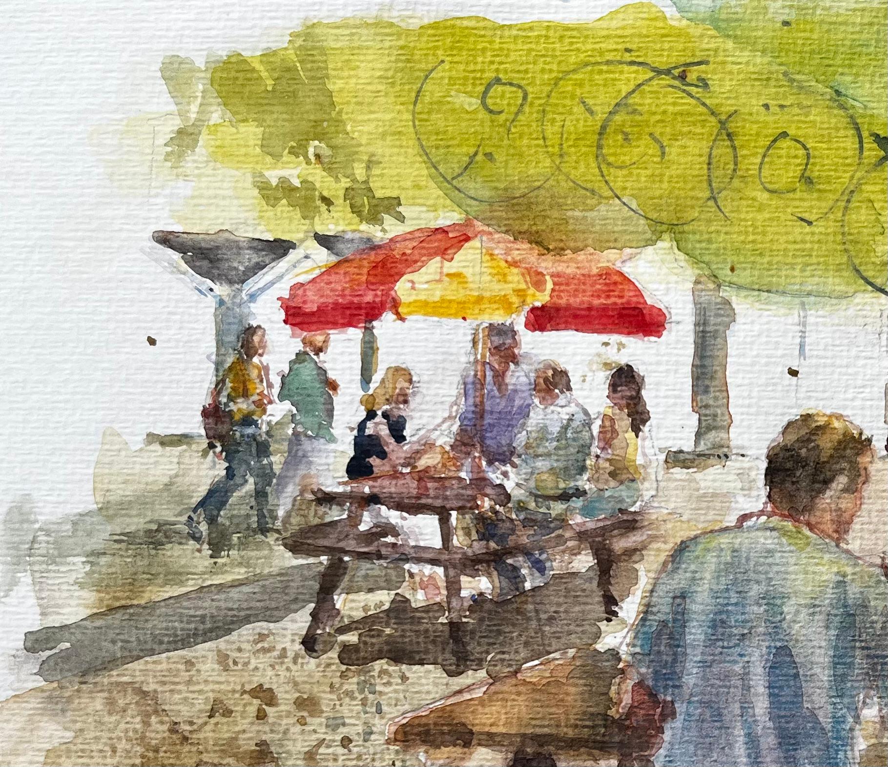 Cafe-Szene im Freien mit Marktschirmen und hölzernen Picknick-Bänken (Braun), Landscape Art, von Anthony Herbert
