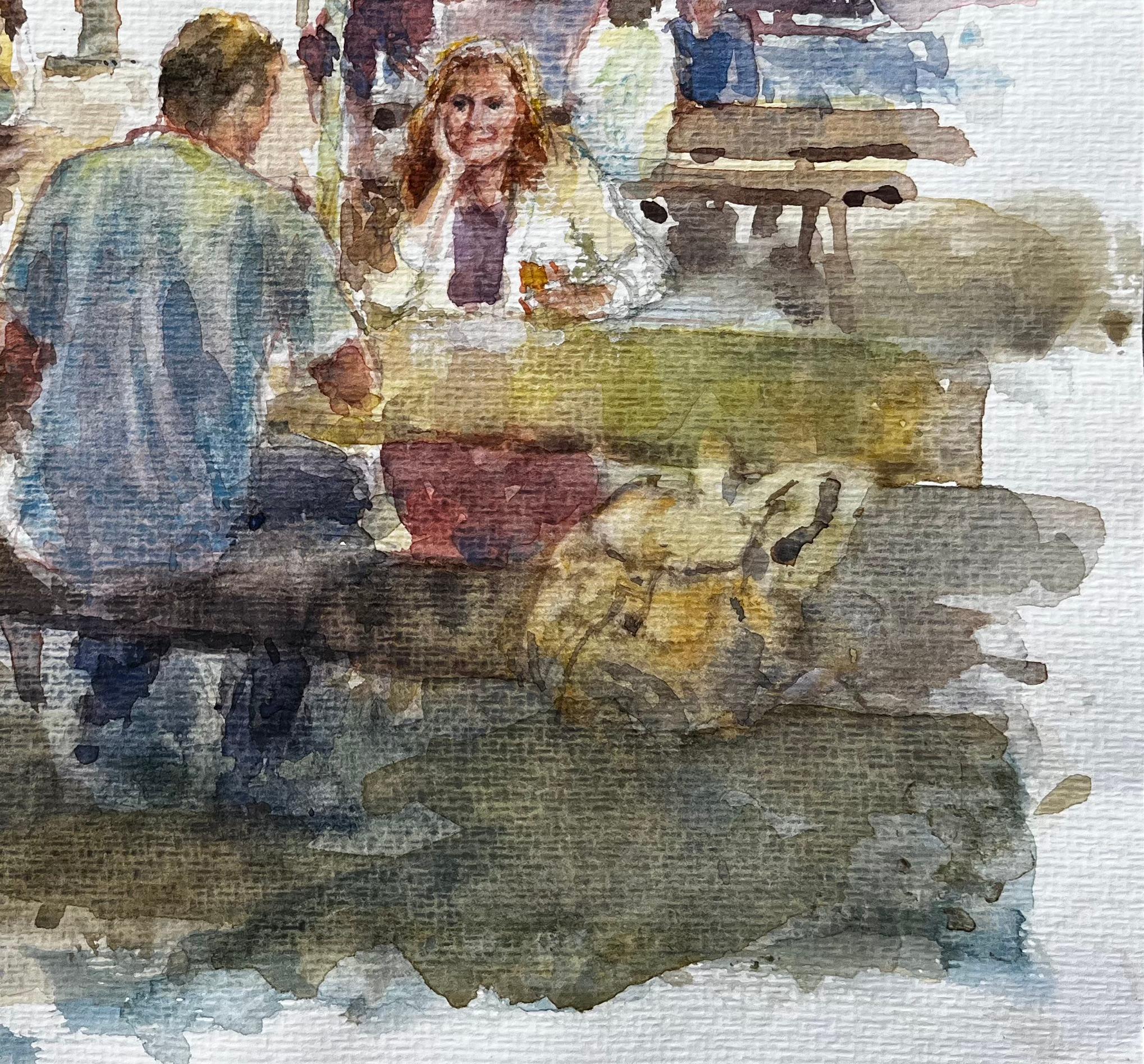 Titel: Cafe-Szene im Freien mit Marktschirmen und hölzernen Picknick-Bänken
Von Tony Herbert (1927-2024)
Medium: Aquarell auf Papier, ungerahmt
Größe: 11 Zoll (Höhe) x 13,25 Zoll (Breite)
Zustand: gut, einige altersbedingte