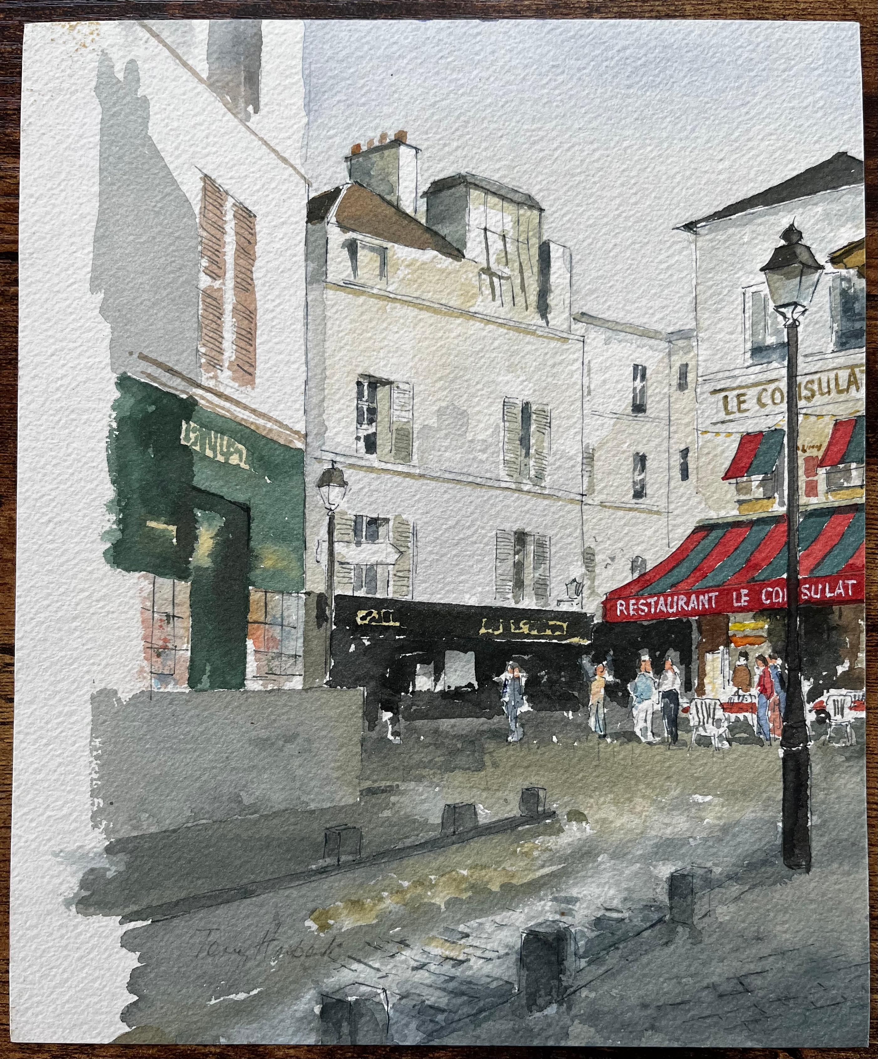 Pariser Straßenszene mit Le Consulat Café und klassischer Montmartre-Architektur – Painting von Anthony Herbert