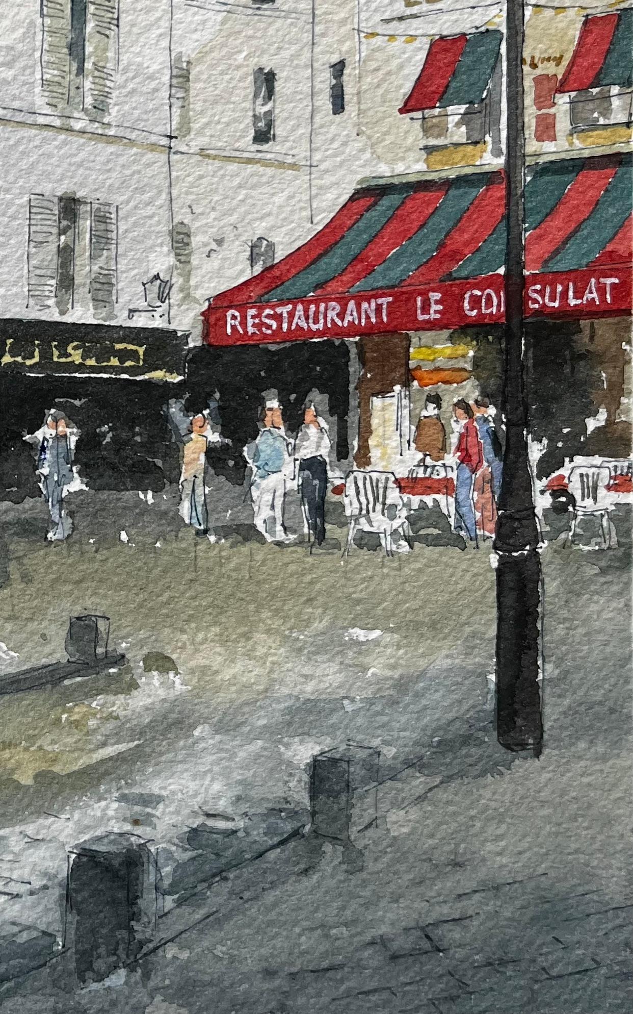 Pariser Straßenszene mit Le Consulat Café und klassischer Montmartre-Architektur (Impressionismus), Painting, von Anthony Herbert