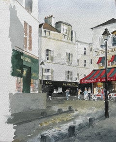 Escena Callejera De París Con El Café Le Consulat Y La Arquitectura Clásica De Montmartre