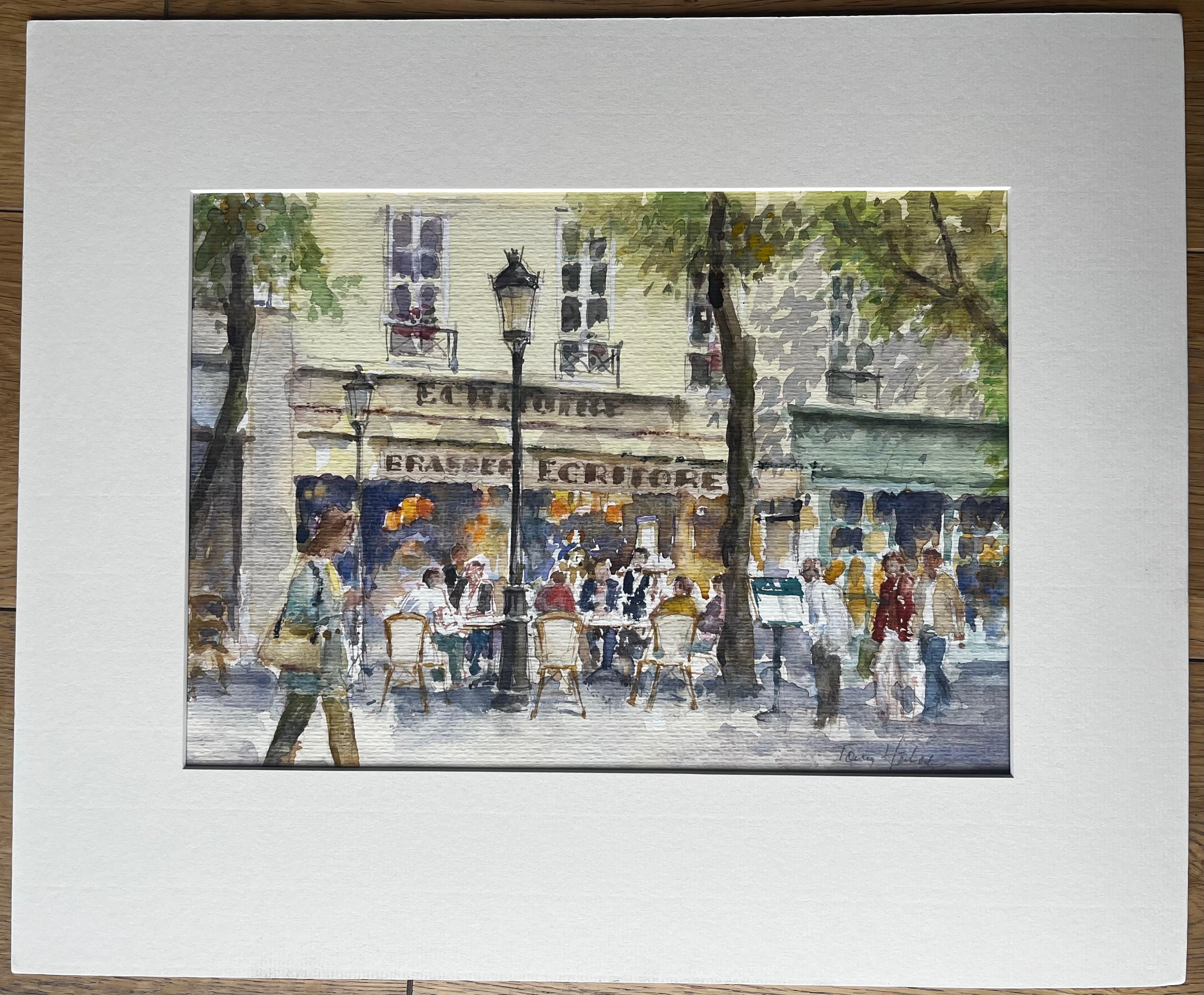 Parisian Street Café Scene with Diners and Trees Original City Watercolour - Painting by Anthony Herbert