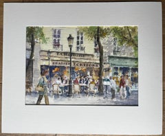 Scena di caffè parigino con commensali e alberi Acquerello originale della città