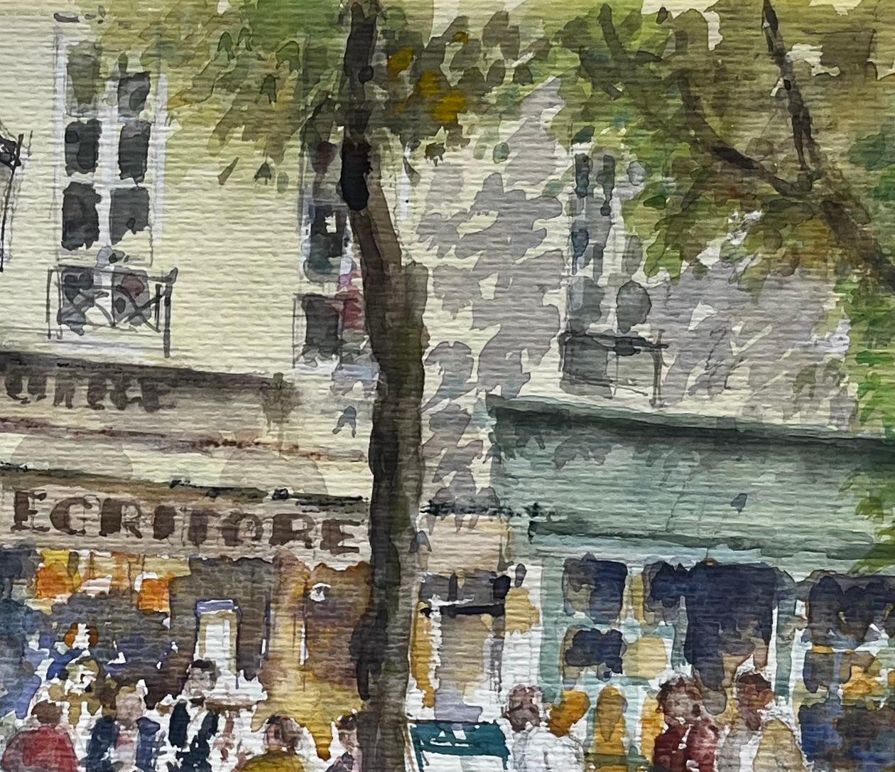 Parisian Street Café Scene with Diners and Trees Original City Watercolour - Gray Landscape Painting by Anthony Herbert