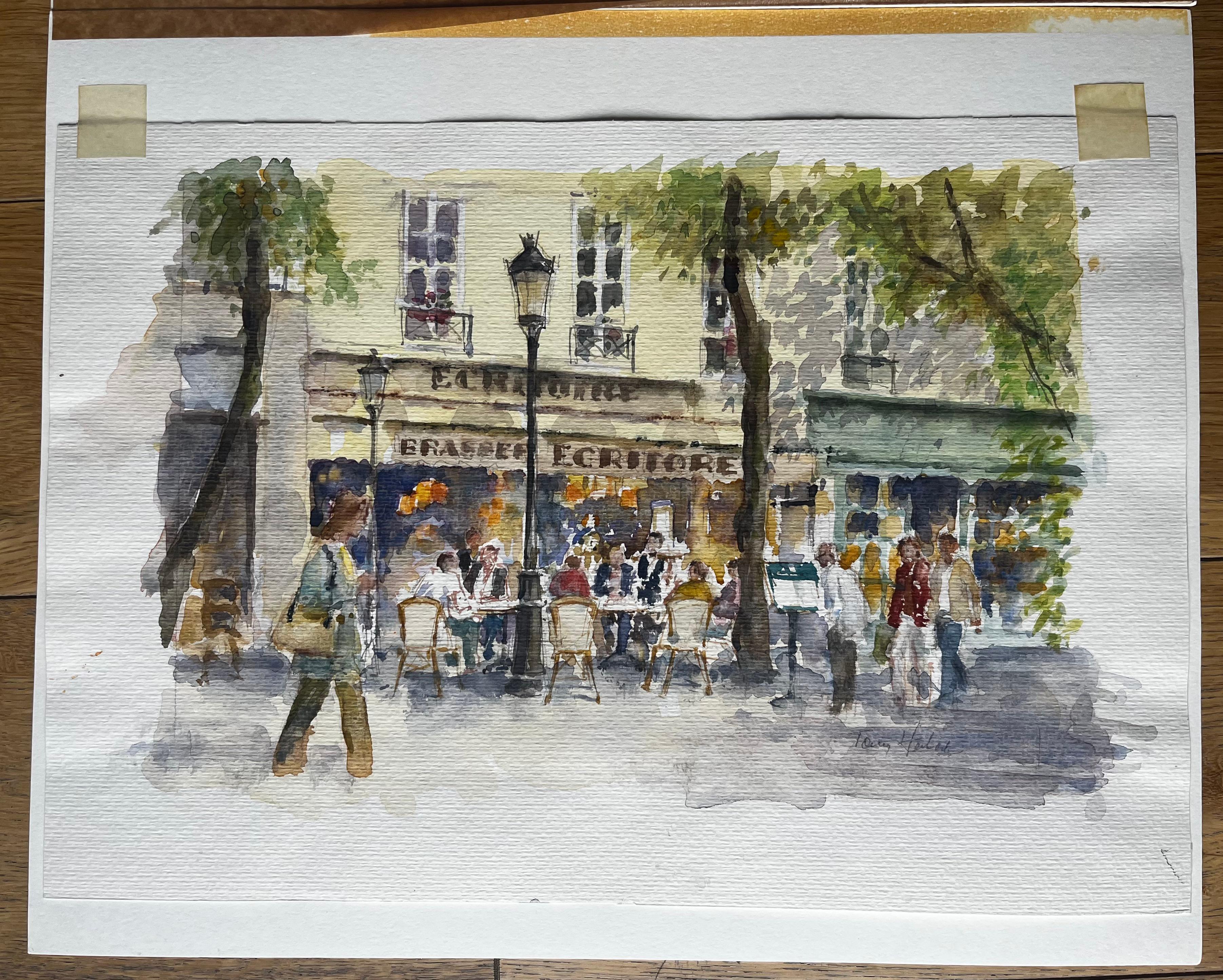 Parisian Street Café Scene with Diners and Trees Original City Watercolour For Sale 3