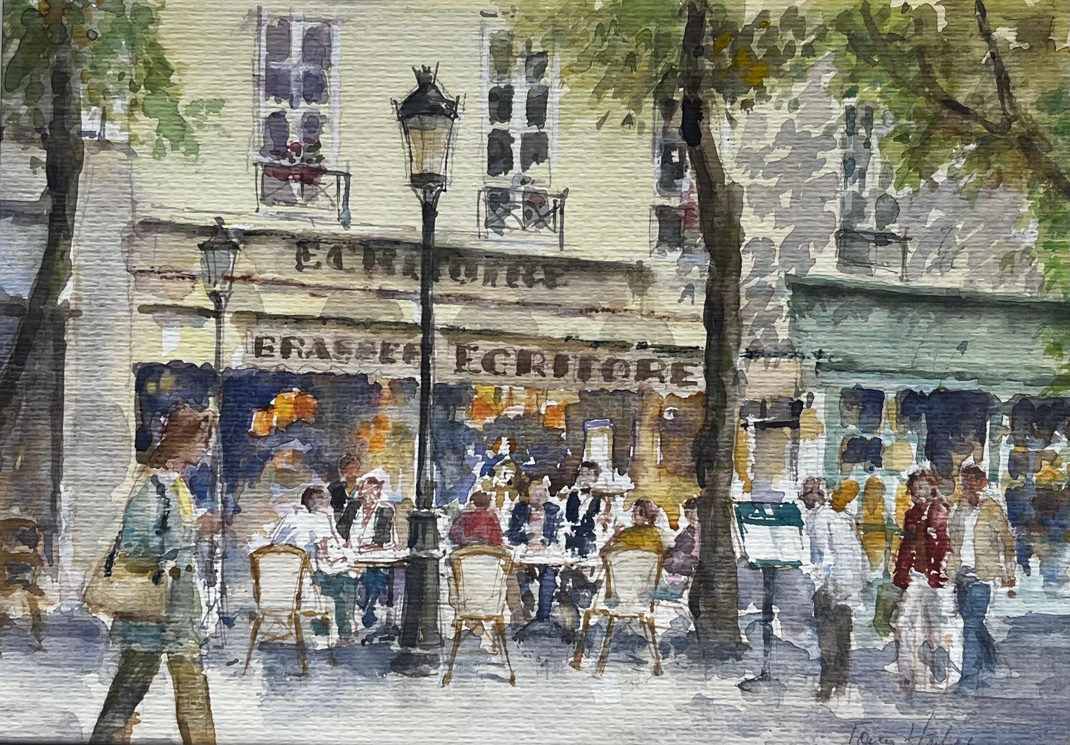 Anthony Herbert Landscape Painting - Parisian Street Café Scene with Diners and Trees Original City Watercolour