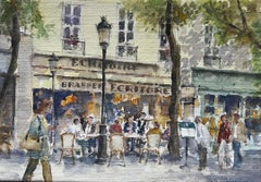 Vintage Parisian Street Café Scene with Diners and Trees Original City Watercolour