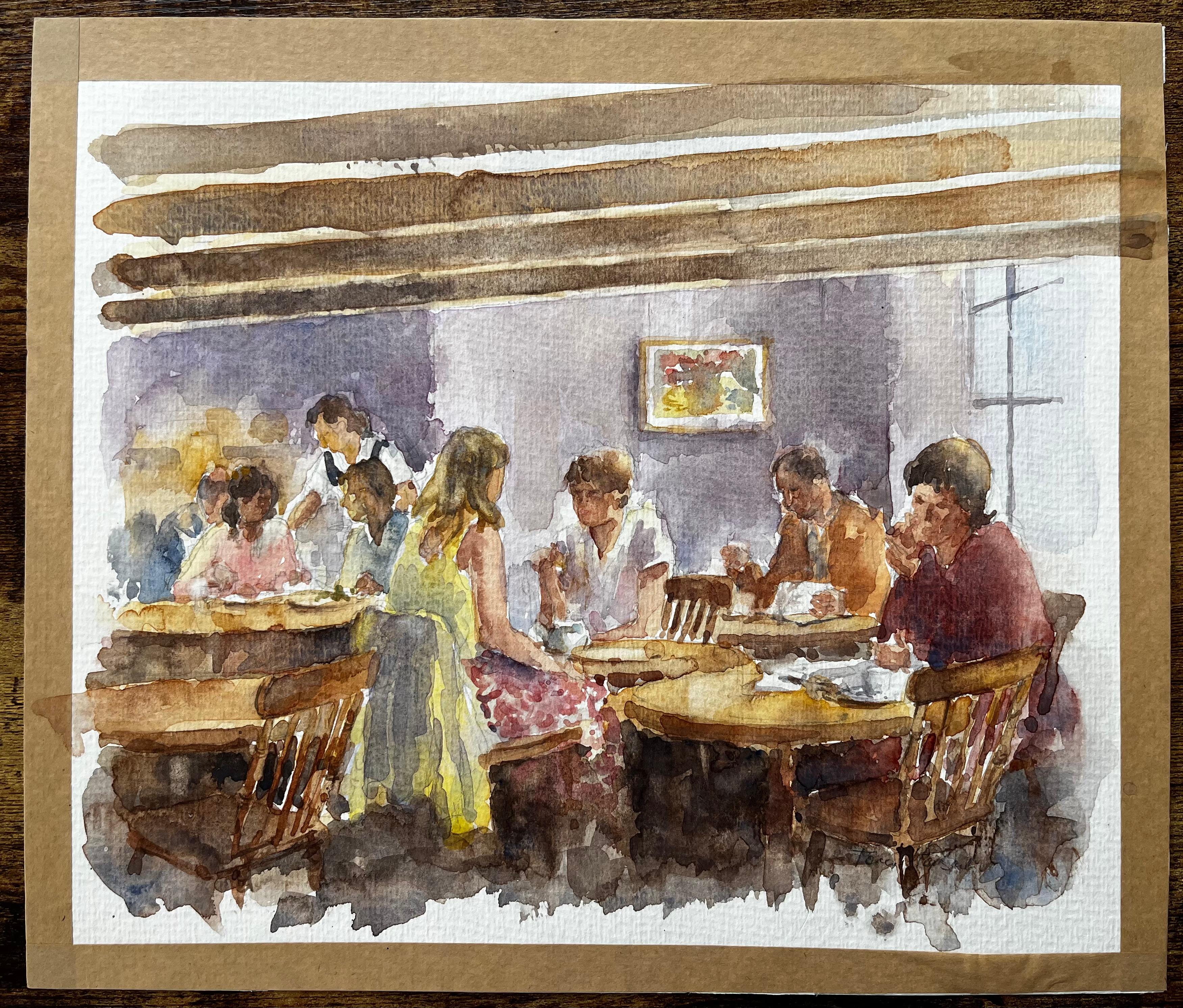Menschen speisen in einem gemütlichen Café mit Balkendecke und warmer lila Wandgestaltung – Art von Anthony Herbert