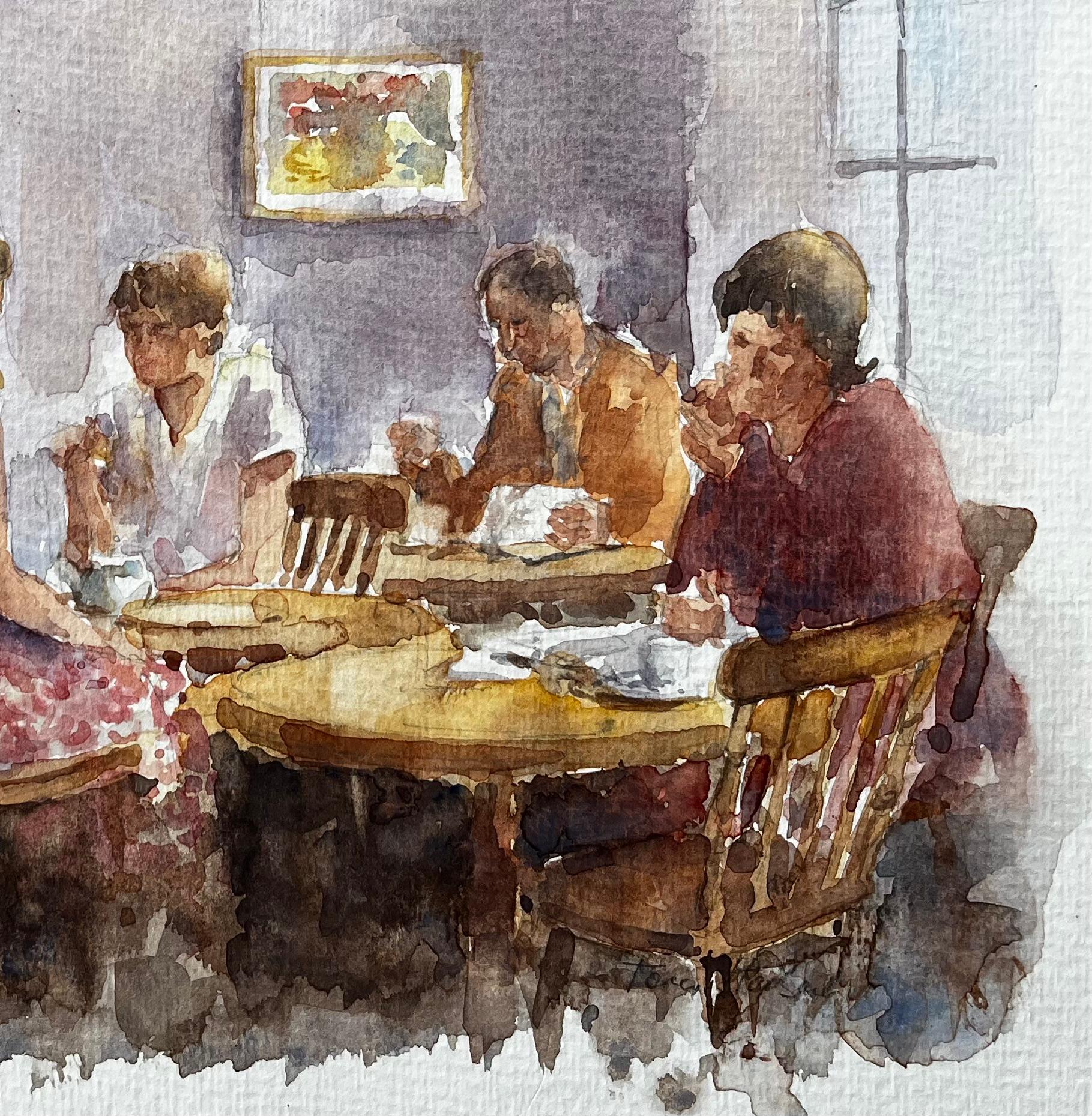 Menschen speisen in einem gemütlichen Café mit Balkendecke und warmer lila Wandgestaltung (Impressionismus), Art, von Anthony Herbert