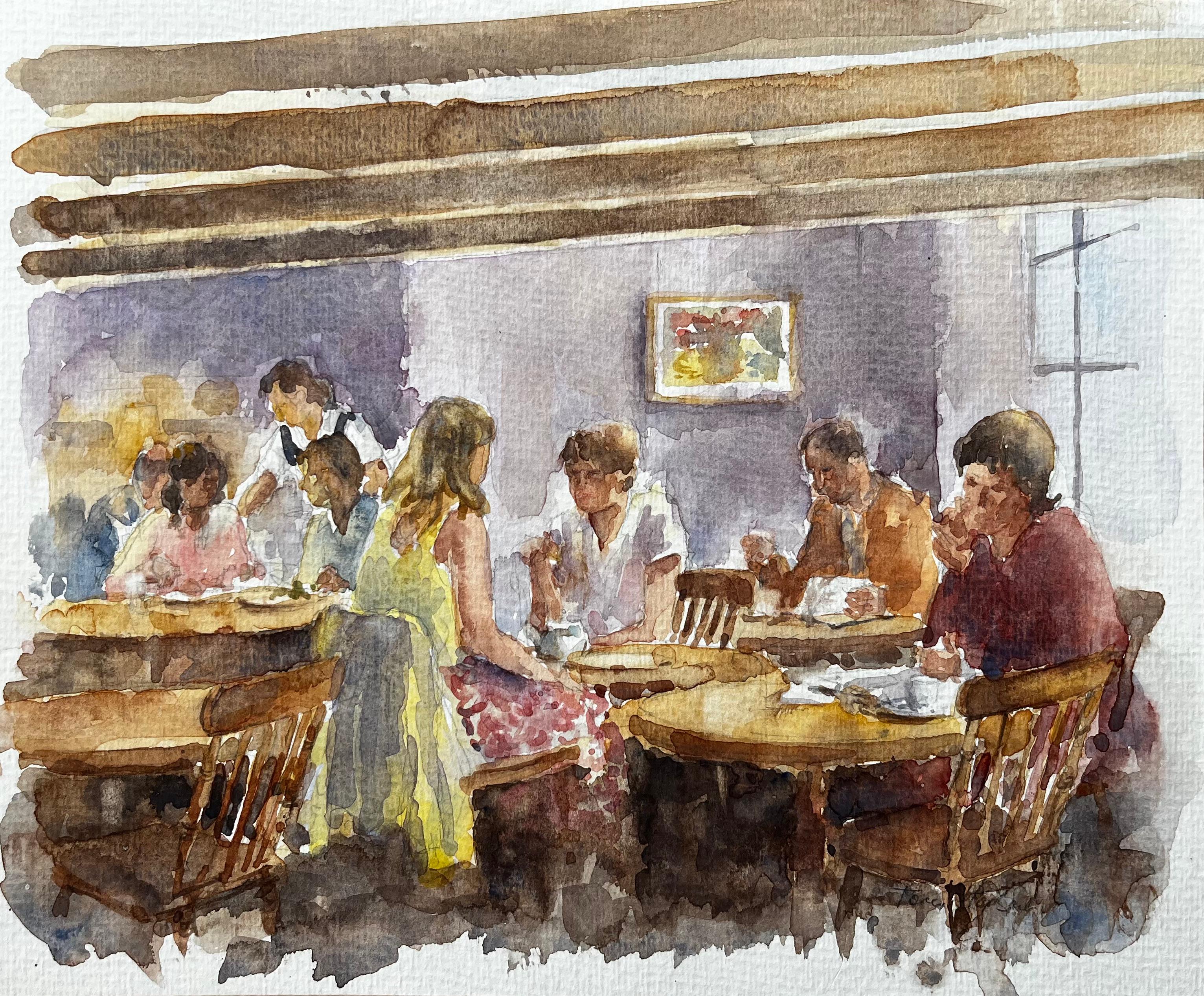 Anthony Herbert Landscape Art – Menschen speisen in einem gemütlichen Café mit Balkendecke und warmer lila Wandgestaltung