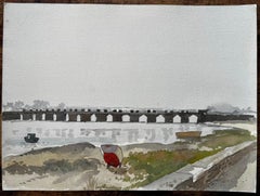 Pont Bel Brittany Arched Bridge Over Water with Moored Boats and Red Hull 1988