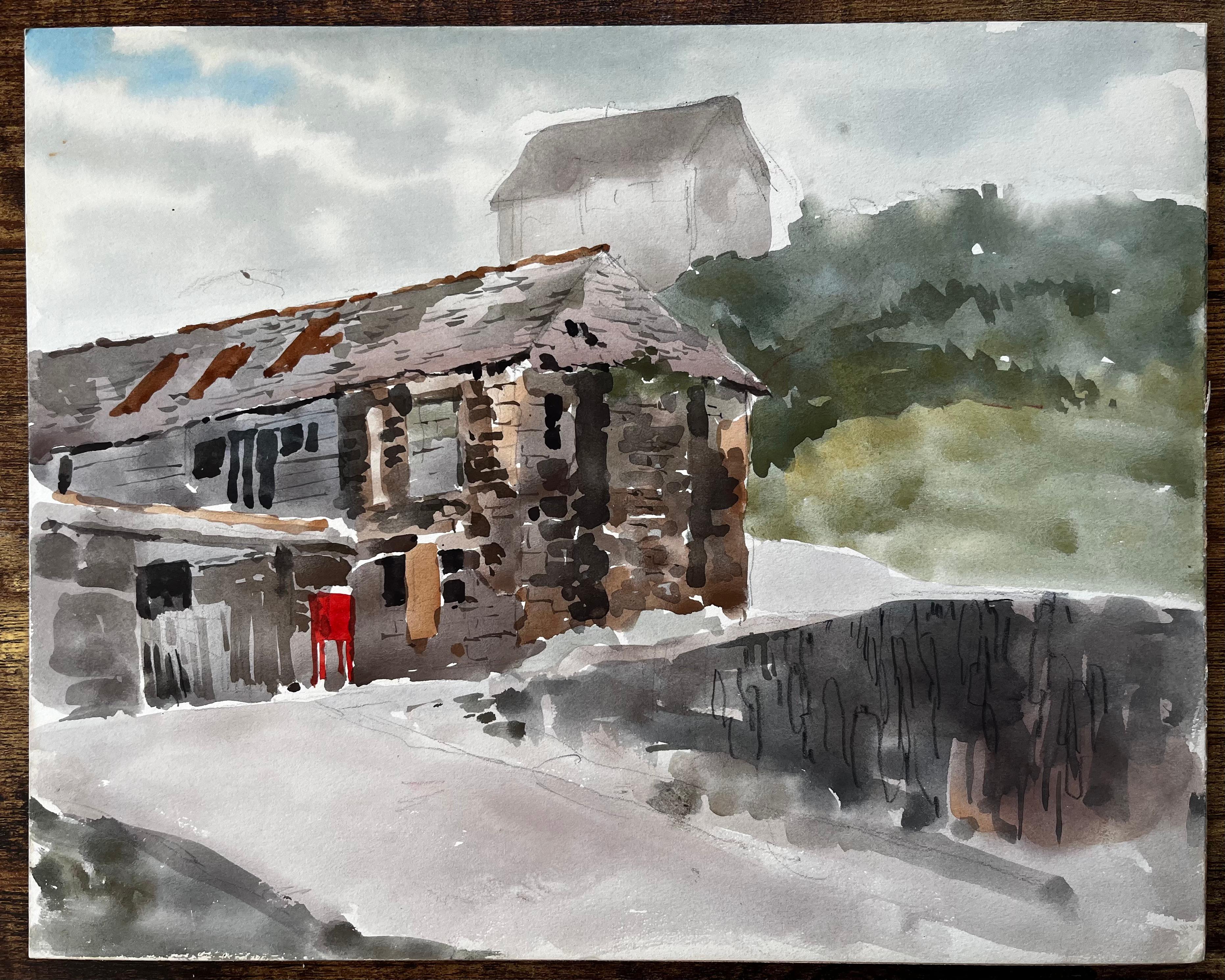 Port Quinn Norte de Cornualles Casa de piedra y ladera Acuarela 1977 - Painting de Anthony Herbert