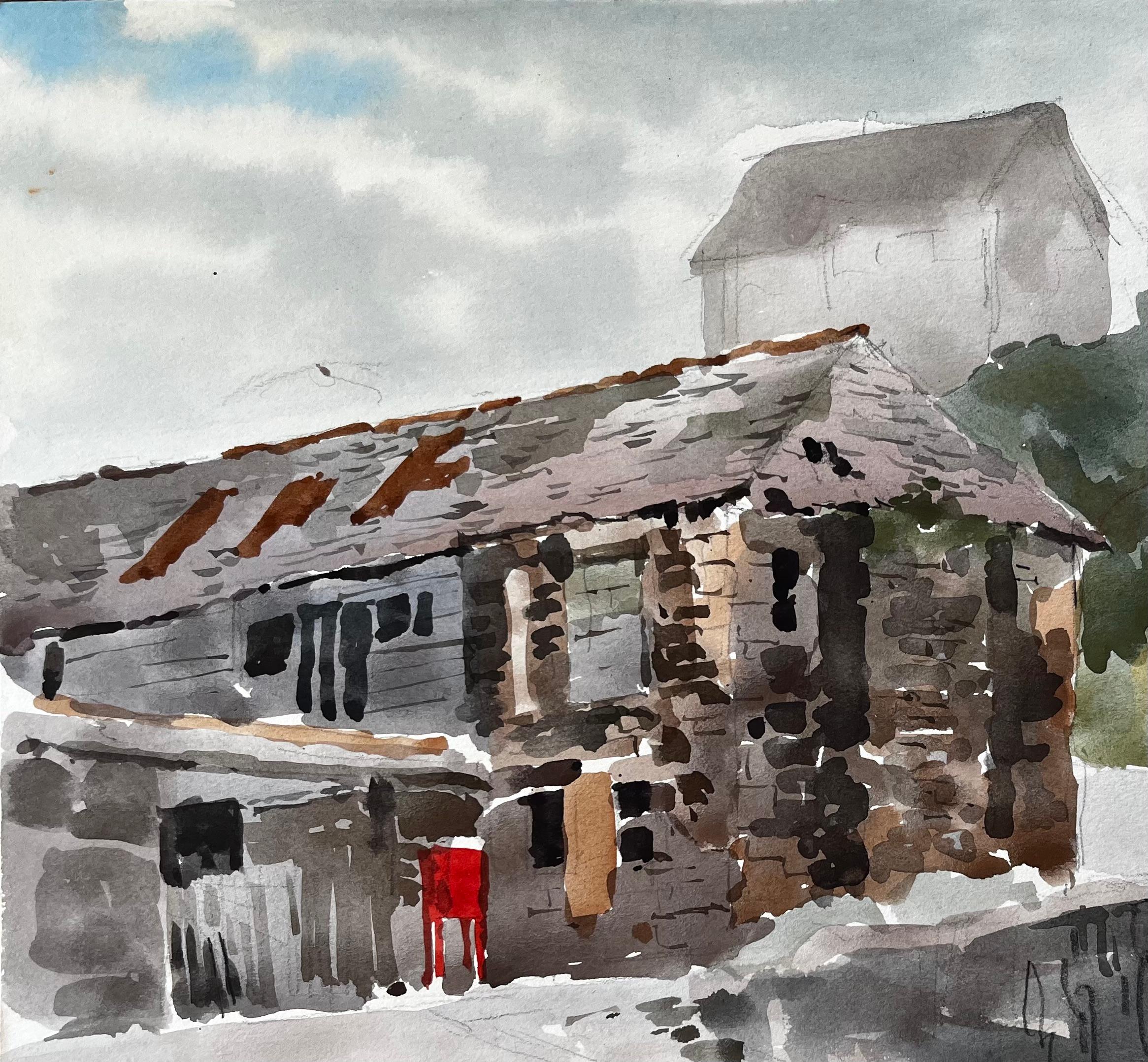 Port Quinn Norte de Cornualles Casa de piedra y ladera Acuarela 1977 - Painting Impresionista de Anthony Herbert