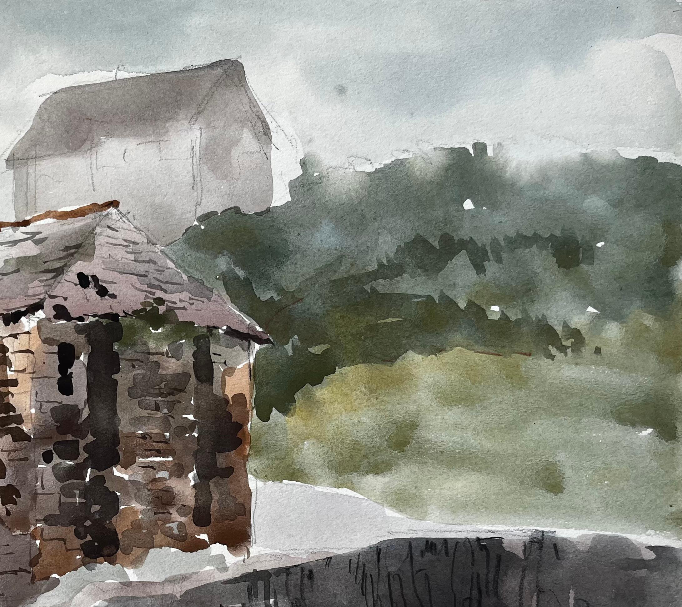Port Quinn Norte de Cornualles Casa de piedra y ladera Acuarela 1977 - Landscape Painting Gris de Anthony Herbert