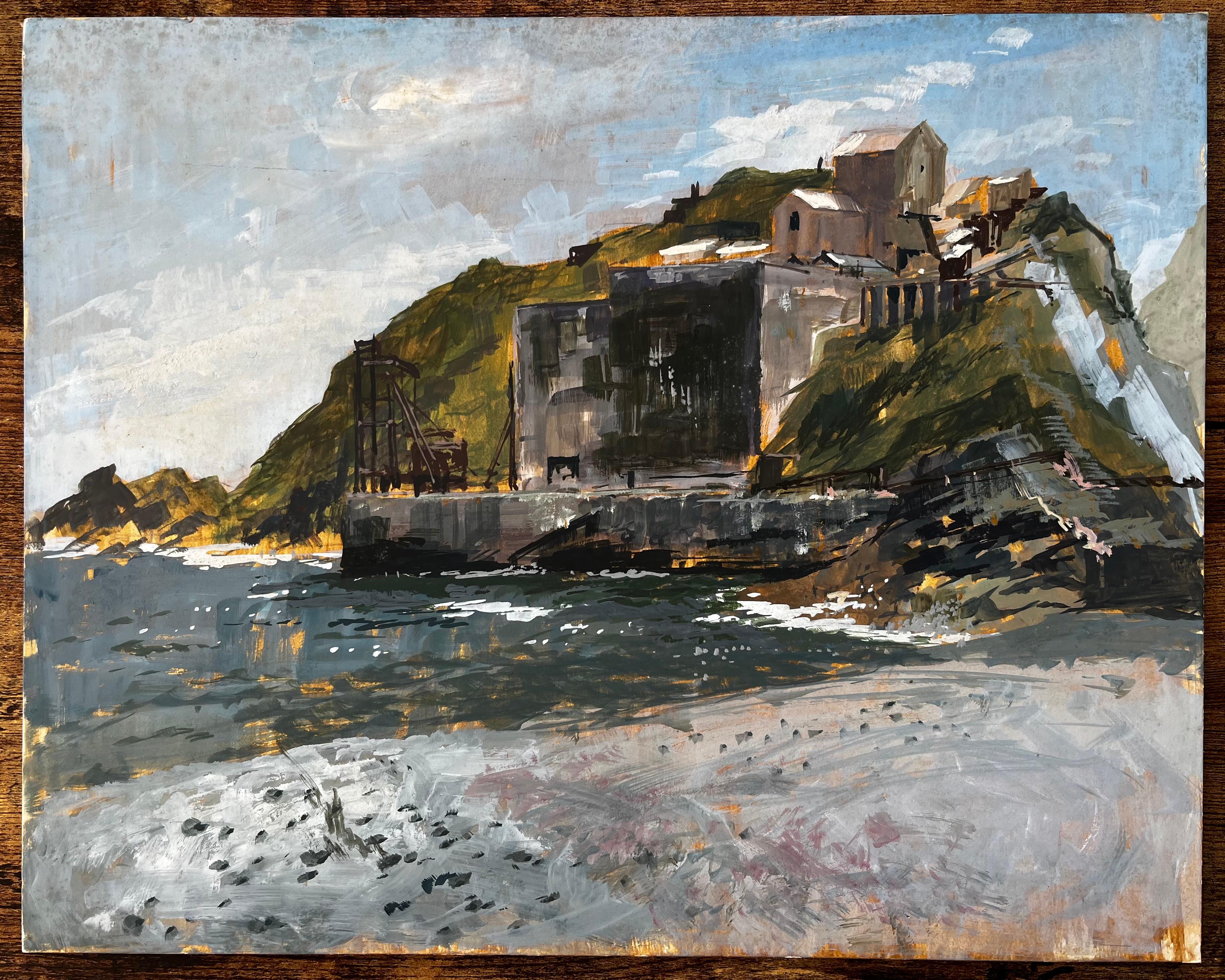 Porthonstock Cornwall Clifftop Coastal Industrieruinen Acryl auf Karton 1968 – Painting von Anthony Herbert