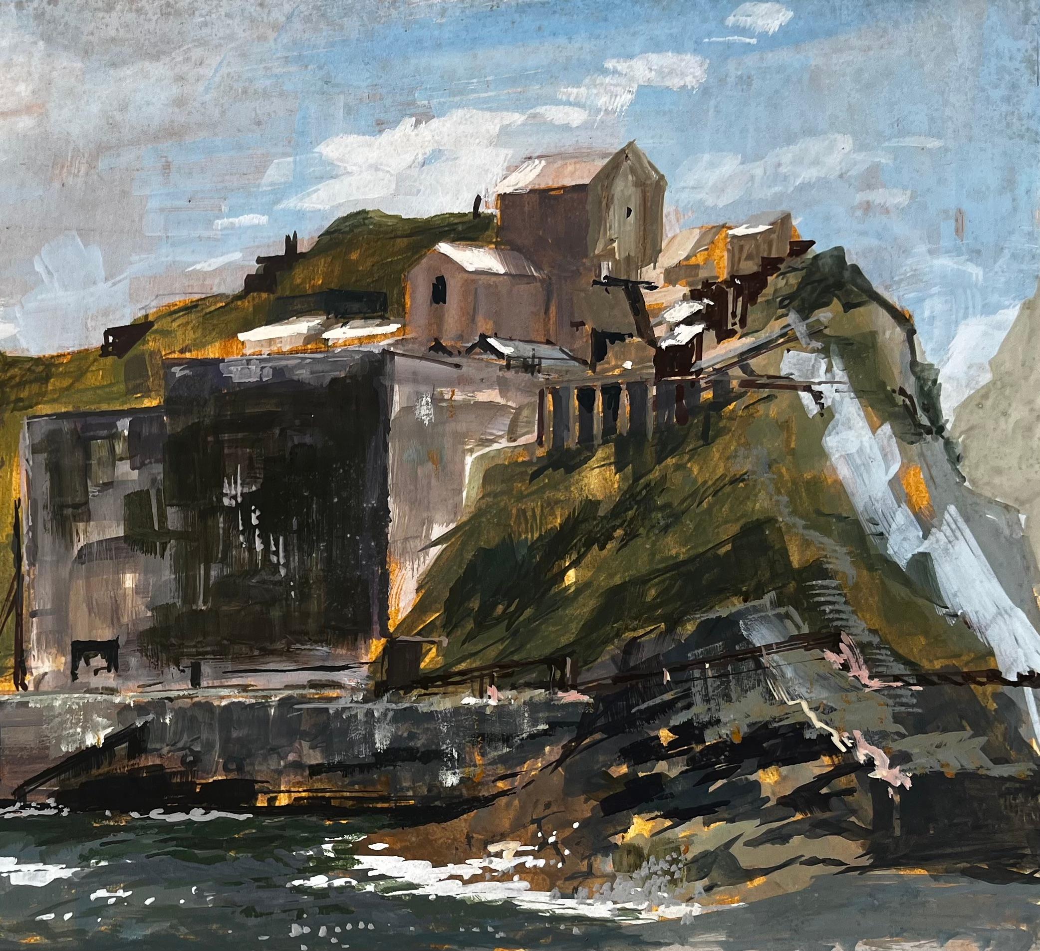 Porthonstock Cornwall Clifftop Coastal Industrieruinen Acryl auf Karton 1968 (Impressionismus), Painting, von Anthony Herbert