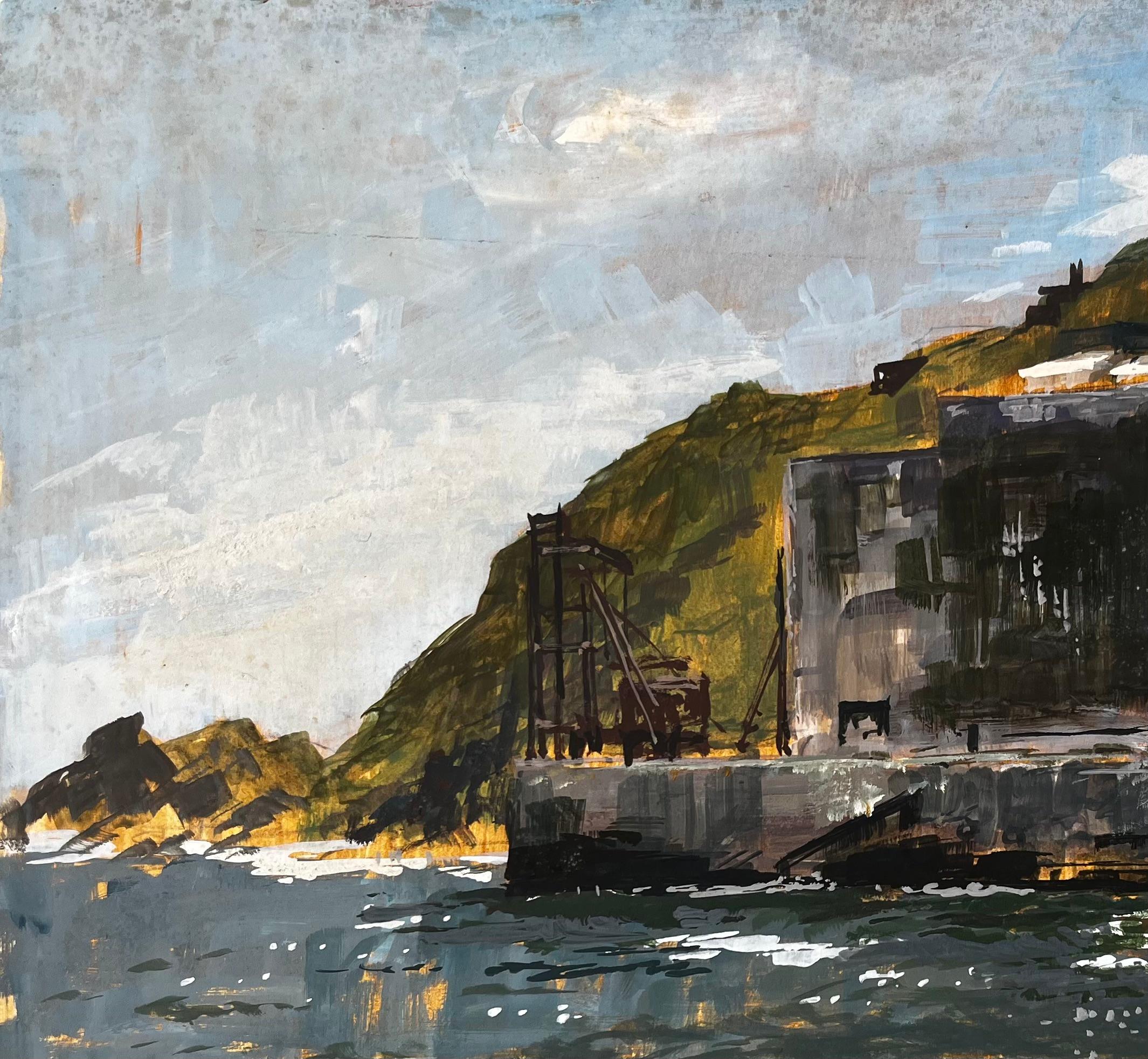 Porthonstock Cornwall Clifftop Coastal Industrieruinen Acryl auf Karton 1968 (Grau), Landscape Painting, von Anthony Herbert