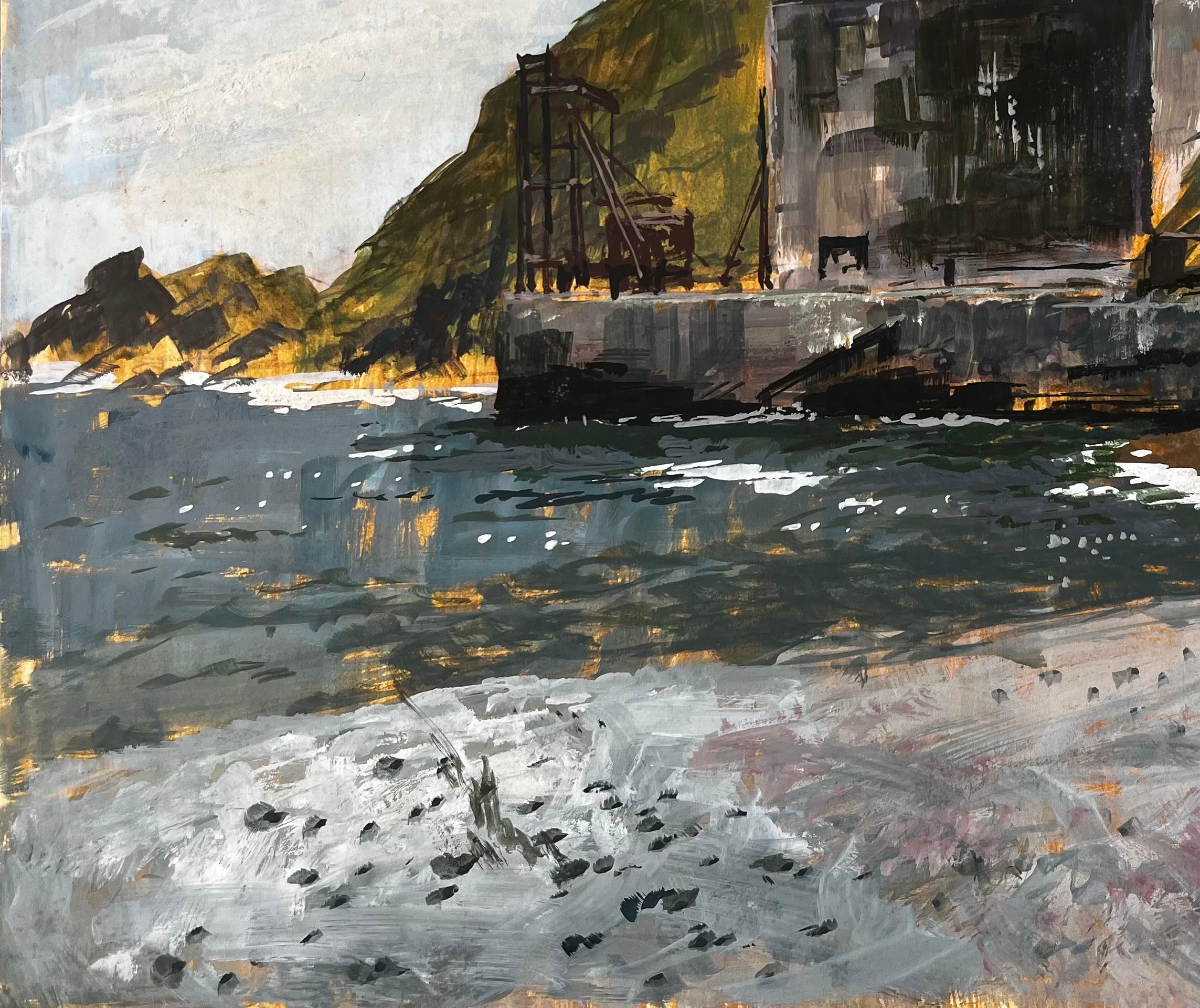 Porthonstock Cornwall Clifftop Coastal Industrieruinen Acryl auf Karton 1968 im Angebot 1