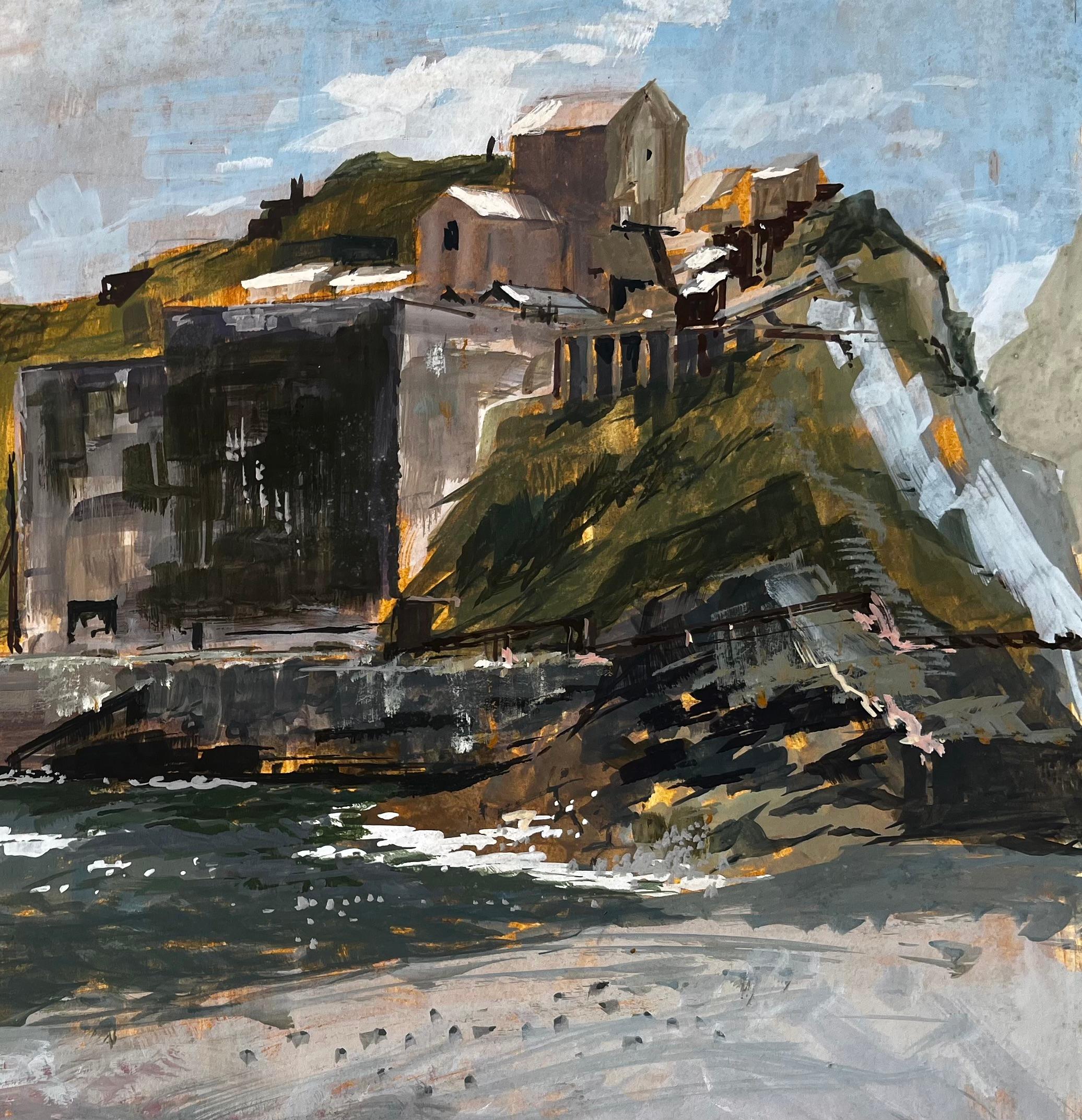 Porthonstock Cornwall Clifftop Coastal Industrieruinen Acryl auf Karton 1968 im Angebot 3