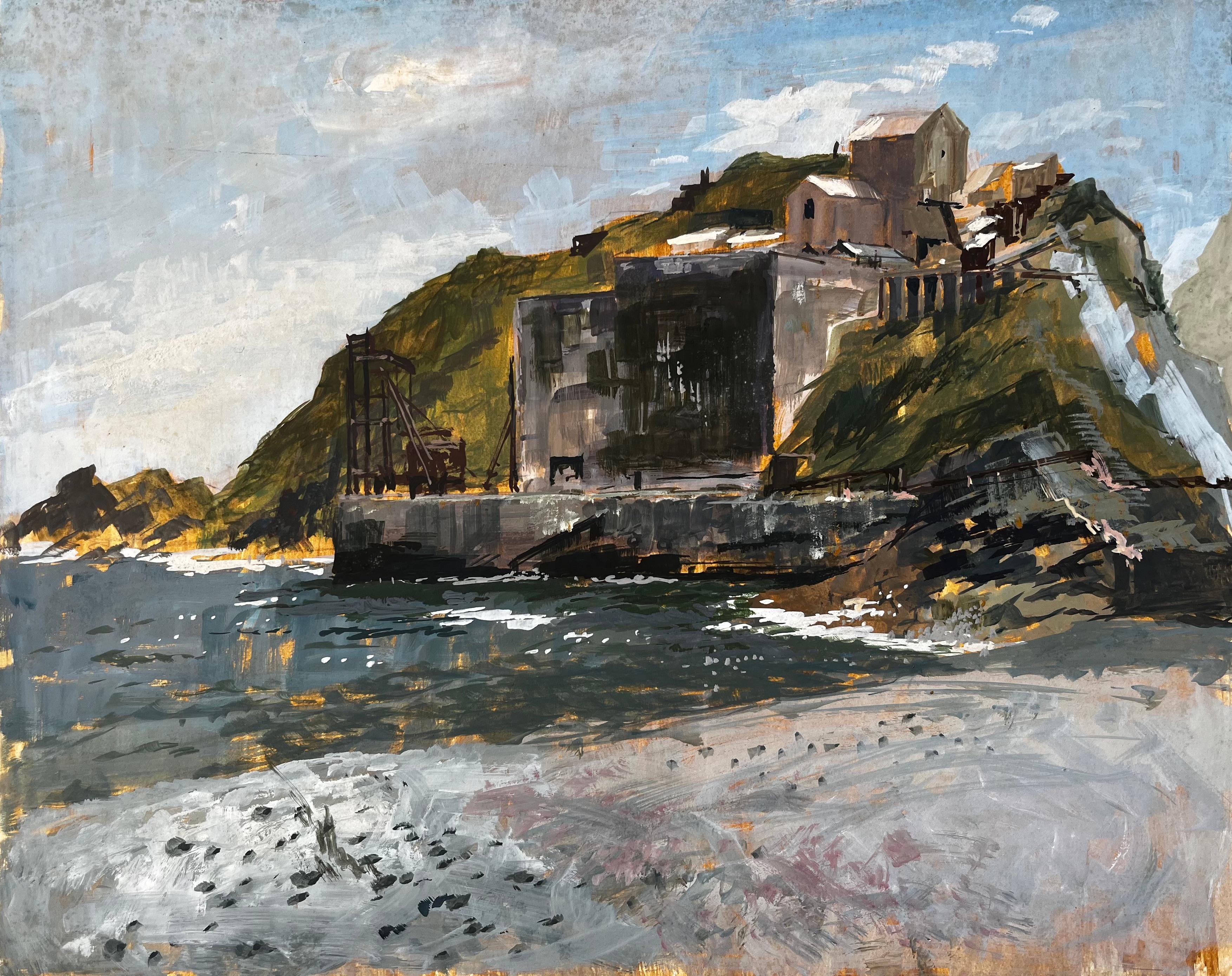 Anthony Herbert Landscape Painting – Porthonstock Cornwall Clifftop Coastal Industrieruinen Acryl auf Karton 1968