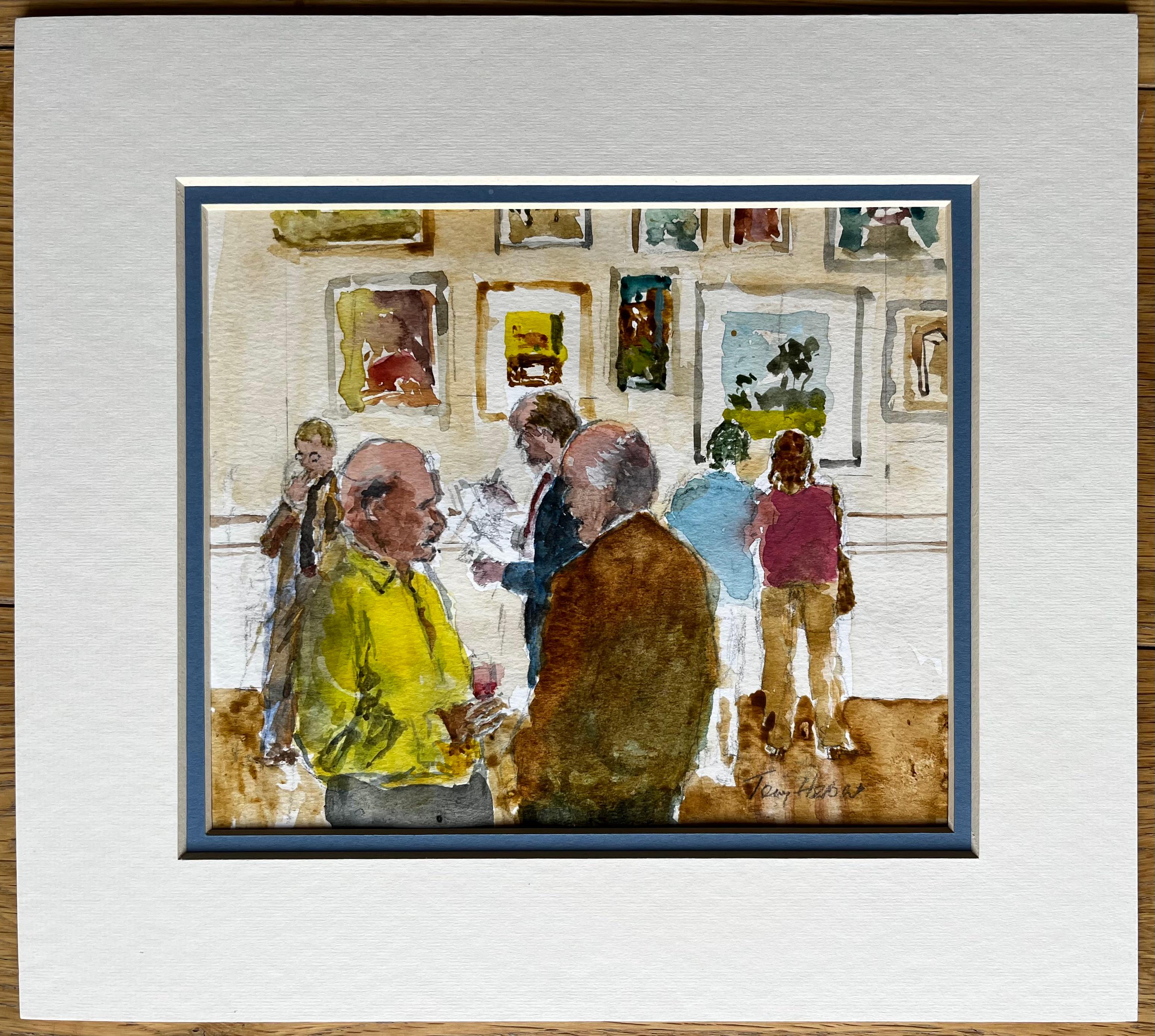 Private View Gallery Scene with Art Lovers and Paintings on Display Watercolour - Brown Landscape Painting by Anthony Herbert