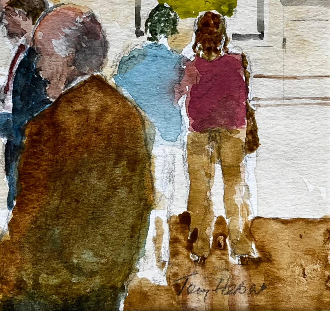 Private View Gallery Scene with Art Lovers and Paintings on Display Watercolour For Sale 1
